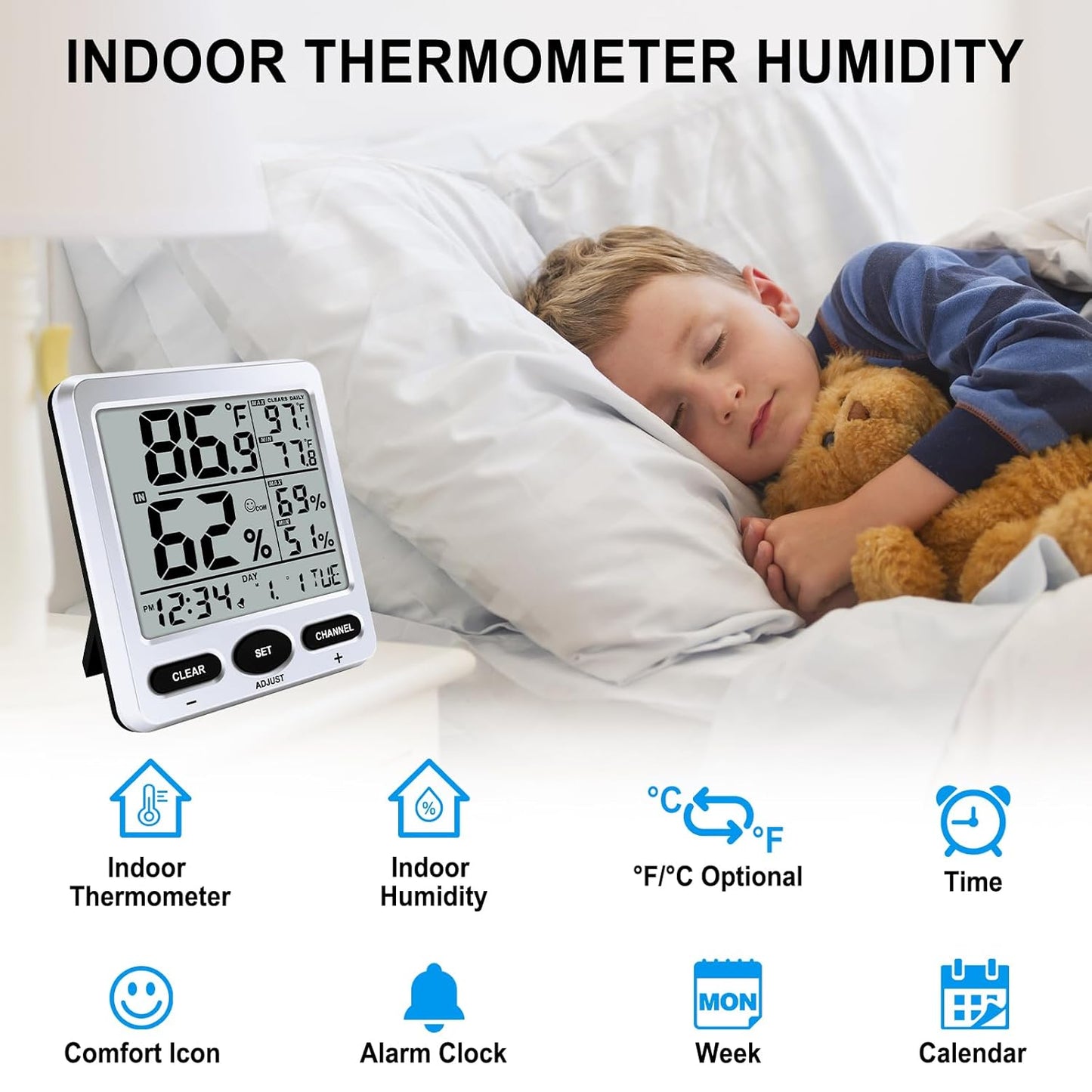 Urageuxy Hygrometer Thermometer Room Temperature Humidity Meter with Large Display, Min/Max Records, Alarm Clock, Time for Home, Greenhouse, Baby Room, Office, Cellar