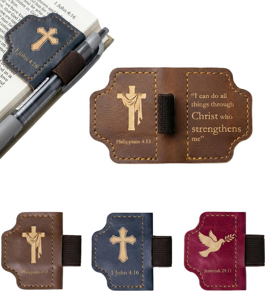 3-Pack Magnetic Leather Bookmarks with Integrated Pen Holder - Thin Page Markers for Bible Study, Laser Engraved Religious Christian Gifts for Women & Men, Page-Safe Magnets (Bible Verses)