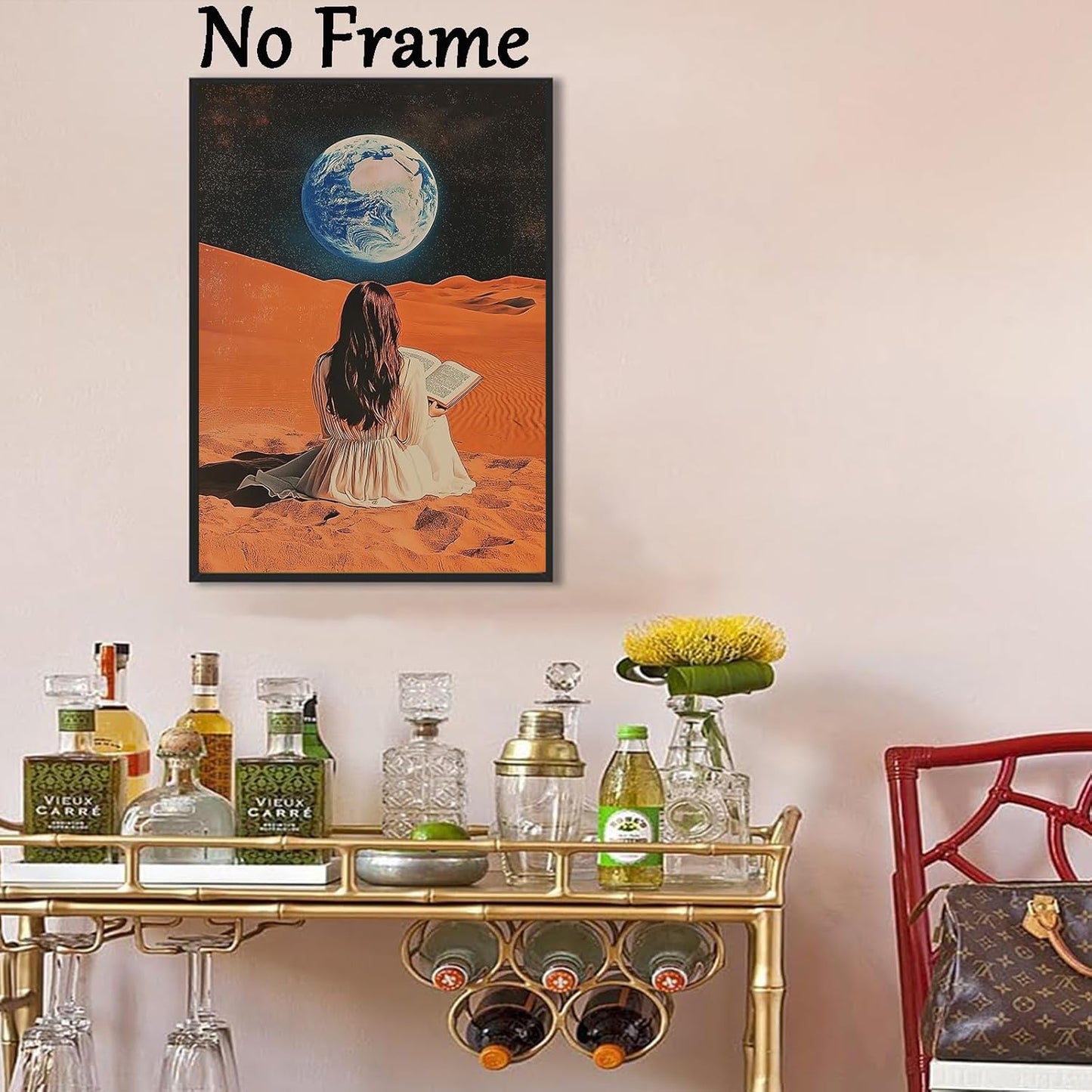 Vintage 70s Wall Art Woman Reading Book Canvas Retro Surreal Collage Poster Trippy Alien Wall Art Vintage Bar Cart Pictures Egoless Aesthetic Posters Retro Trendy Woman Moon Print 16x24inch No Frame
