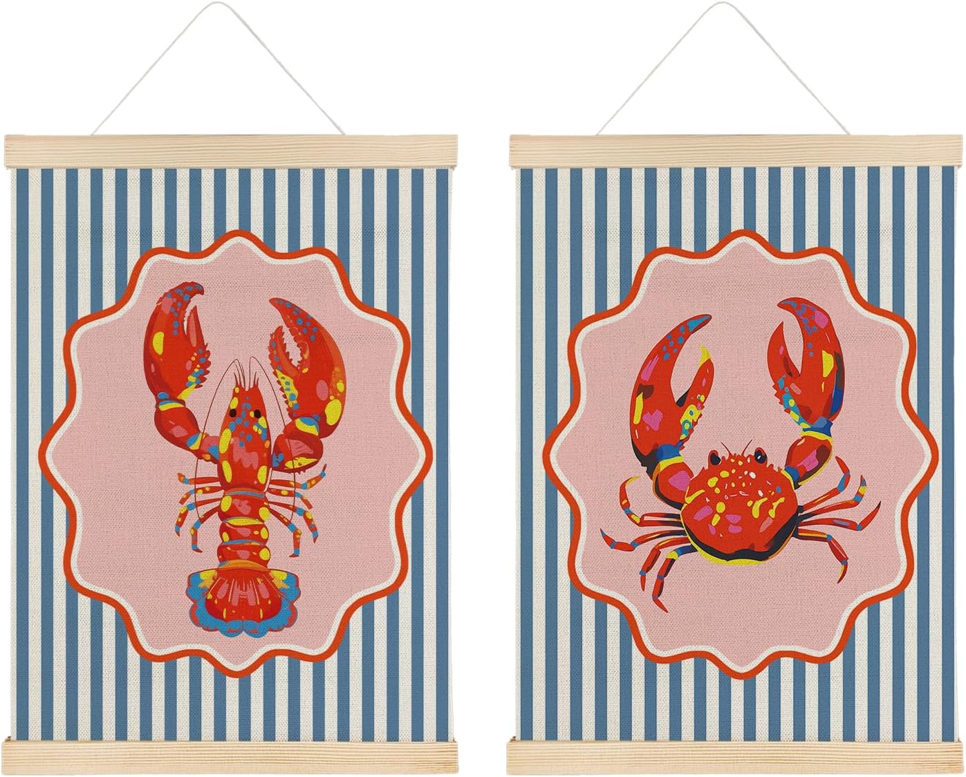 ATBWGT Lobster Crab Coastal Beach Wall Art Decor, Coastal Room Decor, Blue Striped Ocean Crawfish Crab Poster Hanger Frame for Bedroom Living Room Beach House Cabin, 12x16 Inch Set of 2