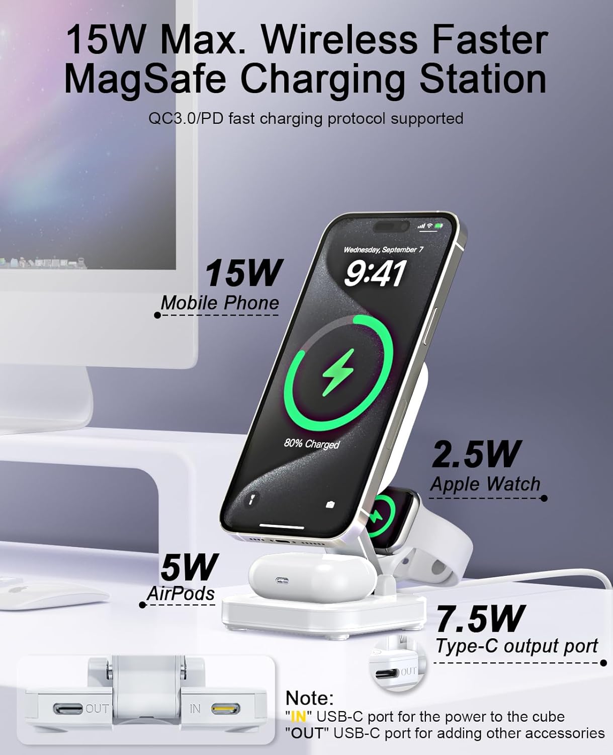 5-in-1 Magnetic Wireless Charging Stand for Apple MagSafe Charger with Night Light for iPhone 17/16/15/14/13/12, Watch, AirPods, Travel Magnetic Charger Nightstand Charging Station (Adapter Included)