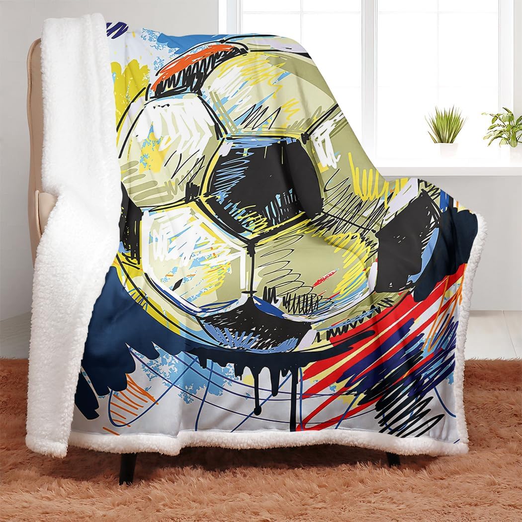 YISUEMEI Watercolor Soccer Sherpa Blanket, Soft and Plush Sports Theme Fleece Throw Blanket for Boys and Girls, 60x80 Inches