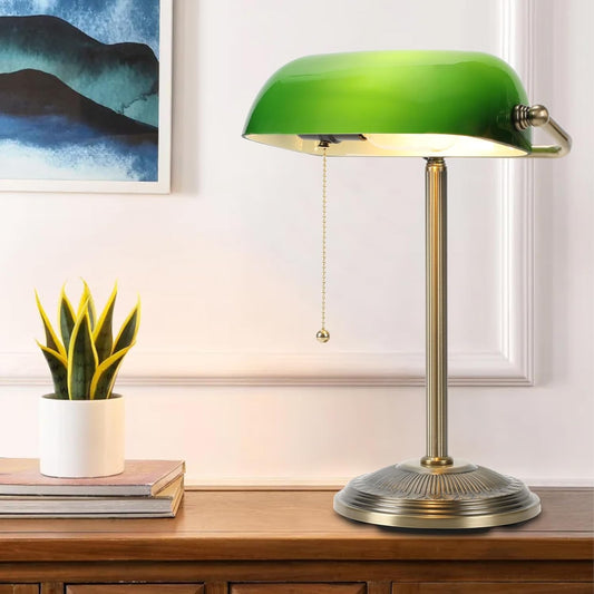 NISSAFORS Bankers Desk Lamp, Green Glass Shade, Vintage Desk Lamp with Pull Chain Switch, Retro Table Lamps for Home Office (Brass+Green, Small)