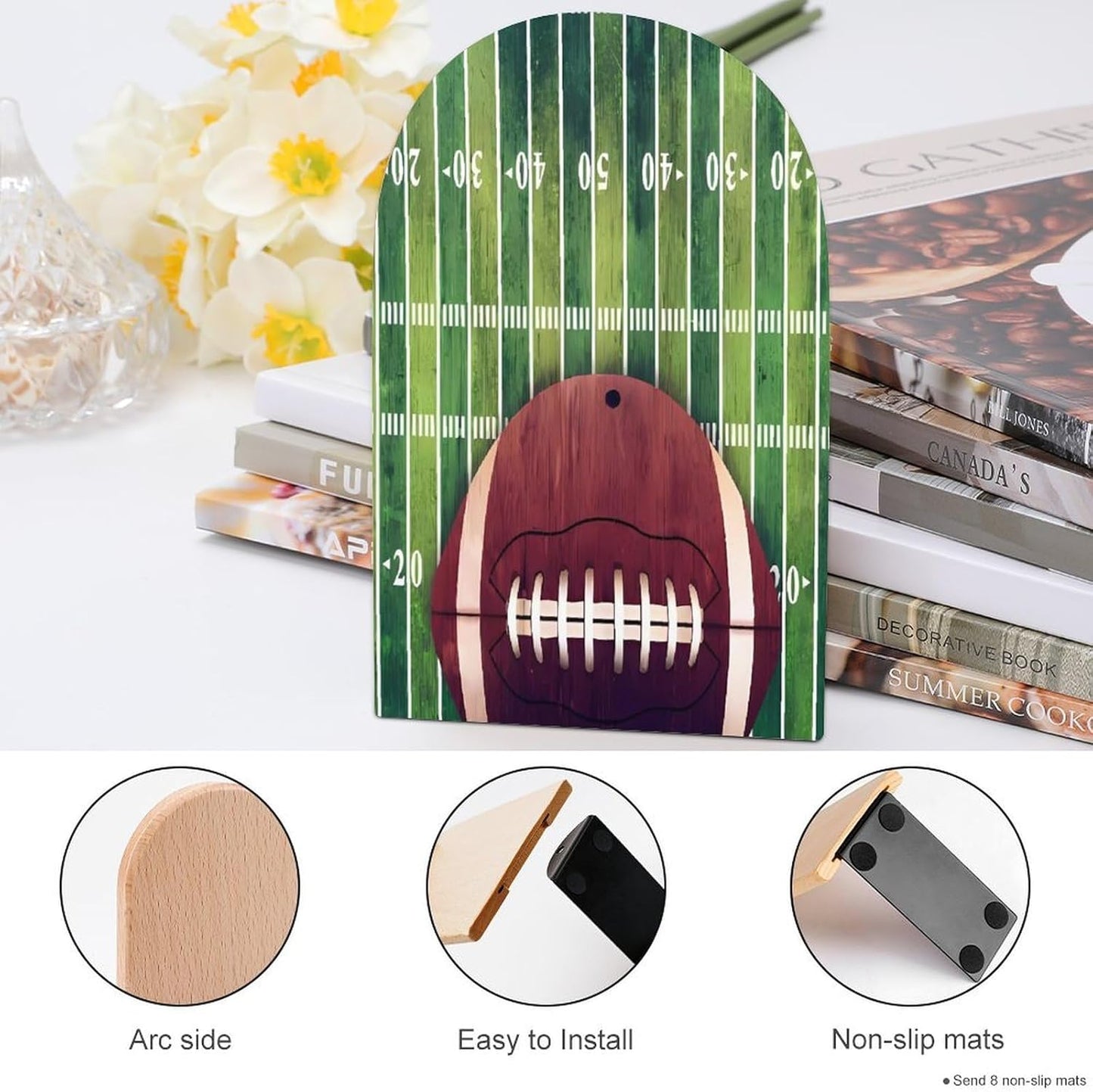 American Football Field and Ball Wooden Bookend Non-Slip Book Ends Heavy Duty Book Stopper with Metal Base Books Holderd Decorative Bookends Stands Firmly for Office Supplies