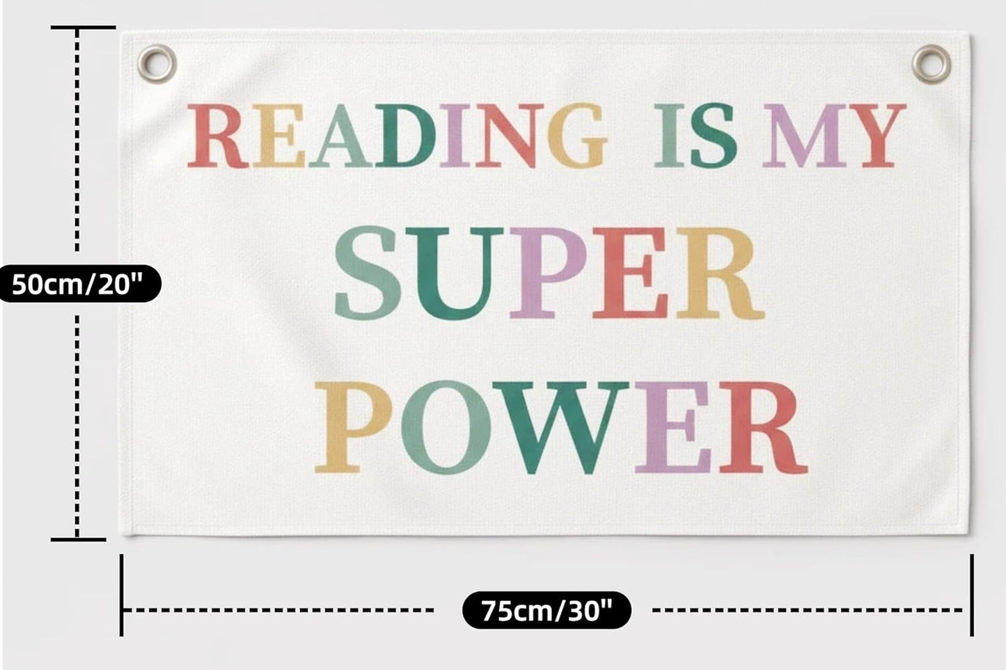 Canvas Wall Hanging Banner Decor (30"L x 20"W), "READING IS MY SUPER POWER" Inspirational Quote Fabric Sign, Boho Minimalist Wall Art with Metal Grommets for Library, Classroom & Reading Nook