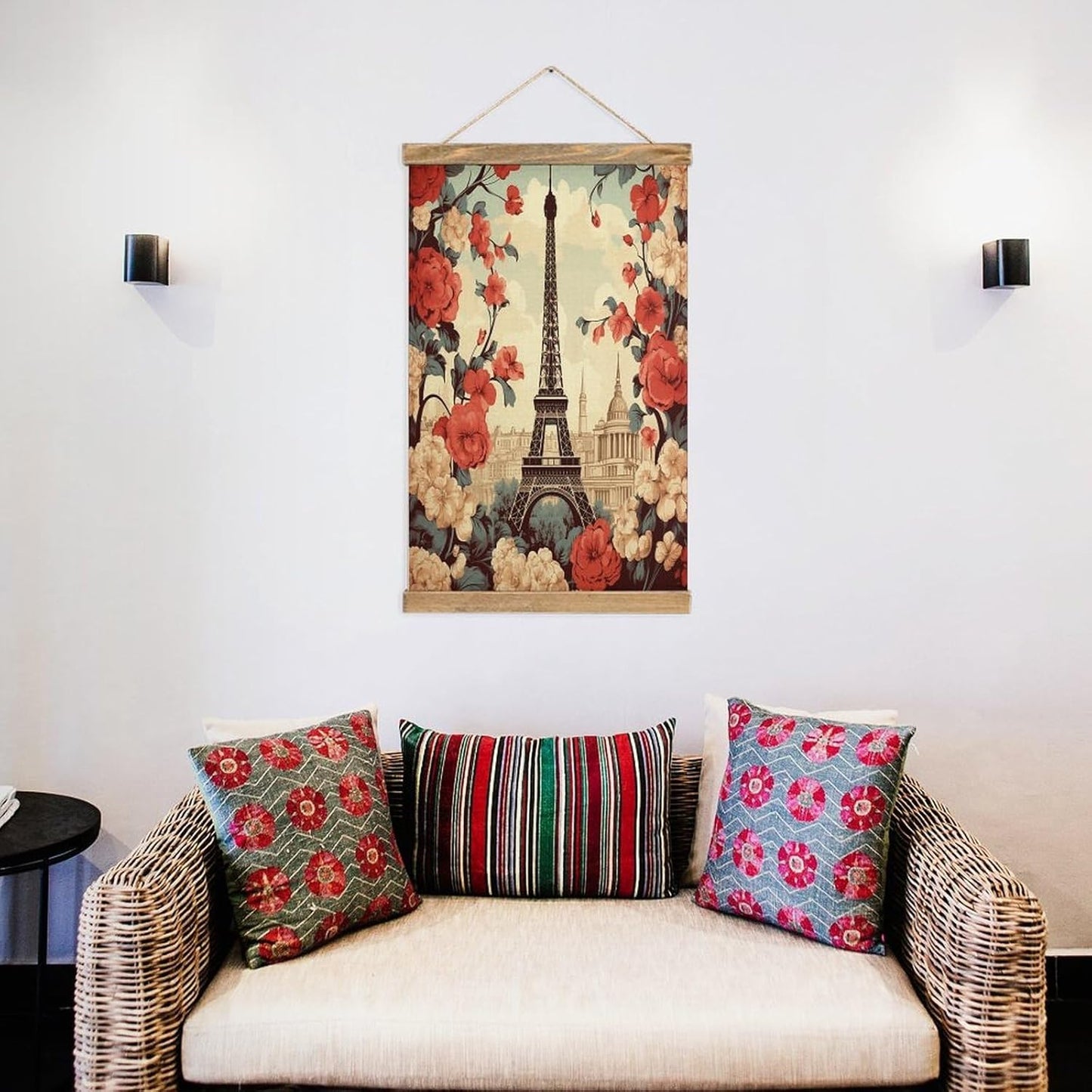 Vintage Paris Vintage Floral Poster with Wooden Frame Personalized Linen Hanging Scroll Painting Rustic Wall Hanging Illustrative Modern Artwork Decor for Home Living Room Bedroom Office