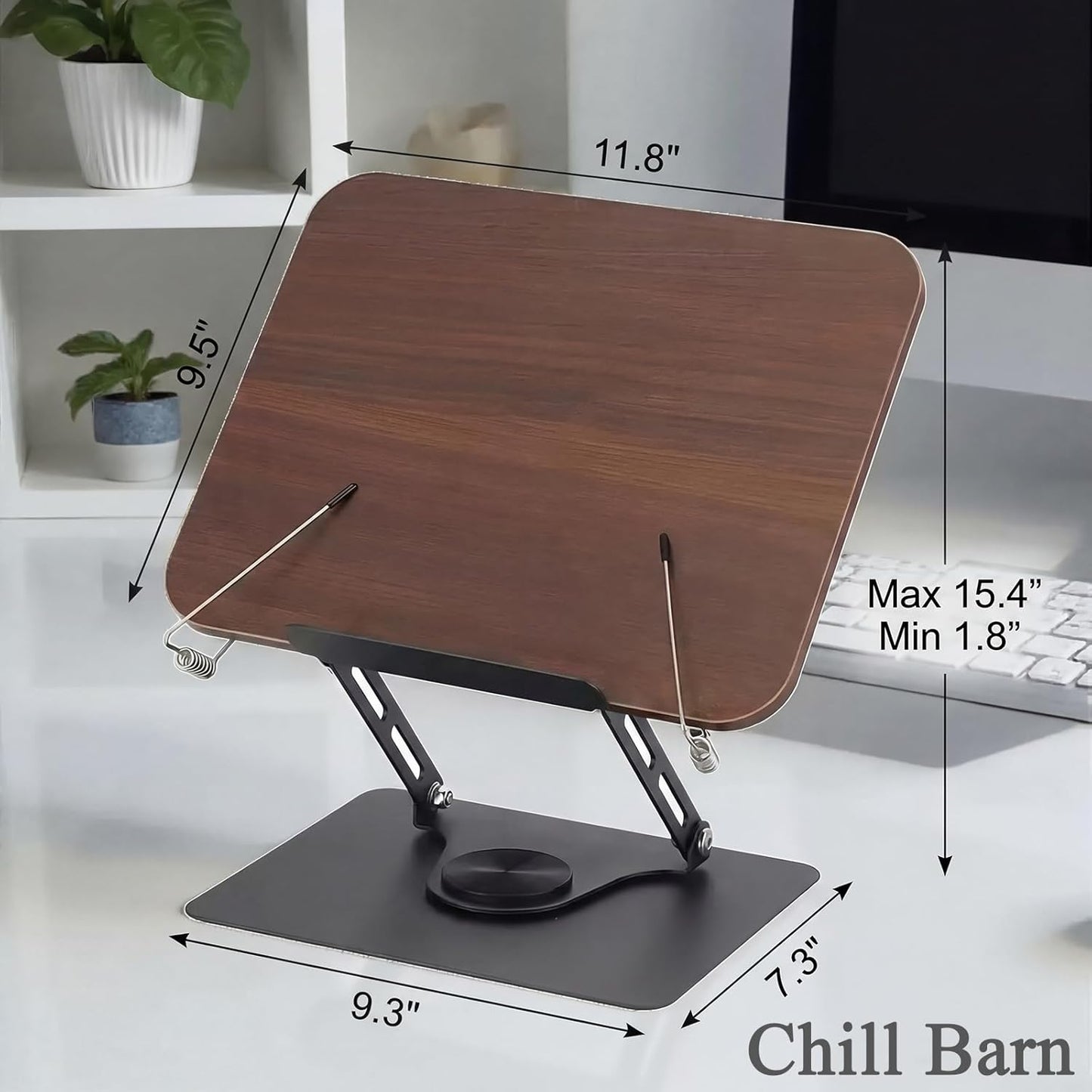 Chill Barn;Book Stand for Reading, 360° Rotating Hands Free Book Holder, Adjustable Height and Angle, Page Clip for Cookbook, Recipe, Magazine, Laptop,Tablet, Foldable for Kitchen, Office, School;
