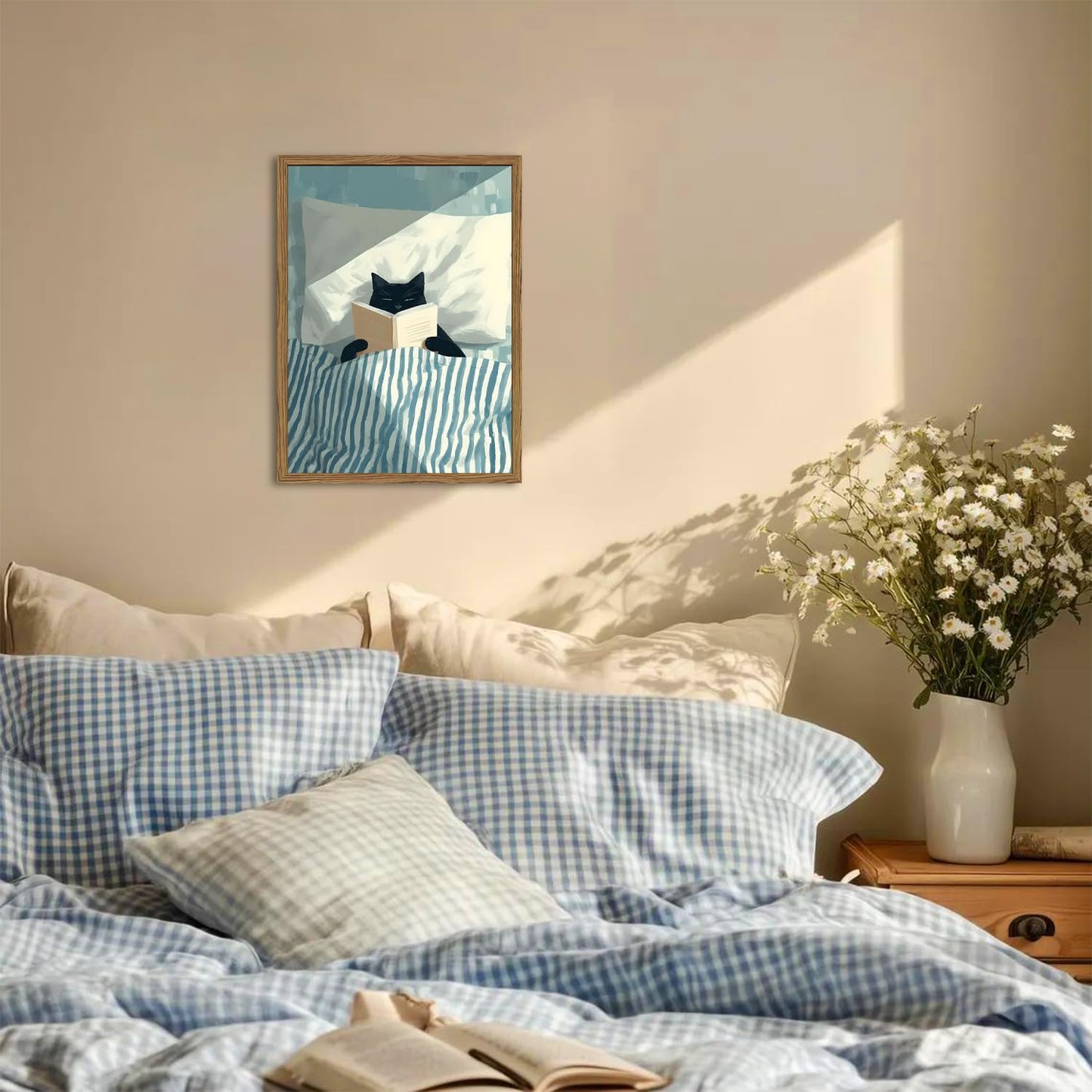 Framed Funny Black Cat Wall Art, Whimsical Cat in Stripe Bed Reading Wall Decor Painting Cute Animal Book Lover Blue and White Poster Canvas Print for Bedroom Living Room 16x24 inch Wood Framed