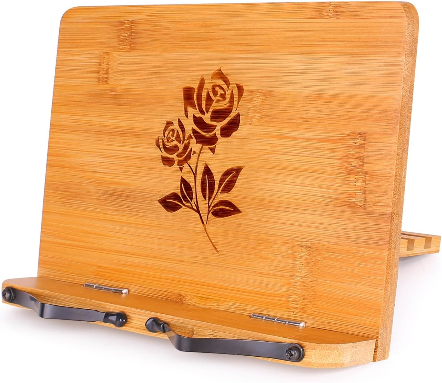 MEGREZ Bamboo Book Stand 13.2 x 9.4 Inch, Foldable Cookbook Holder With 6 Adjustable Heights, Reading Holder for Recipe, Music, Textbook, Tablet Stand, Rose