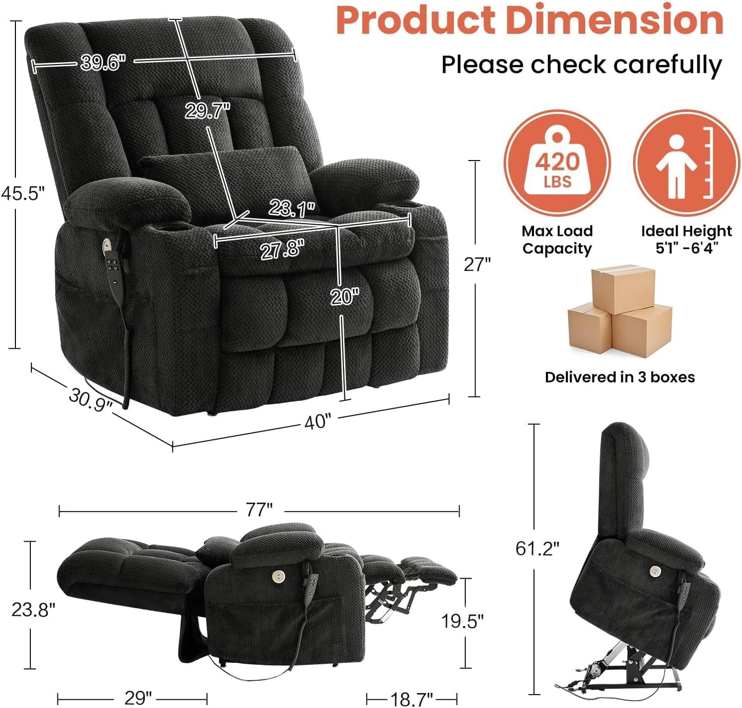 Grey Dual Motor Power Lift Recliner Chair for Elderly with Infinite Recline, Full Lay Flat, Heated Massage, Cup Holders, Soft Fabric Upholstery, Adjustable Positions, and Ergonomic Support