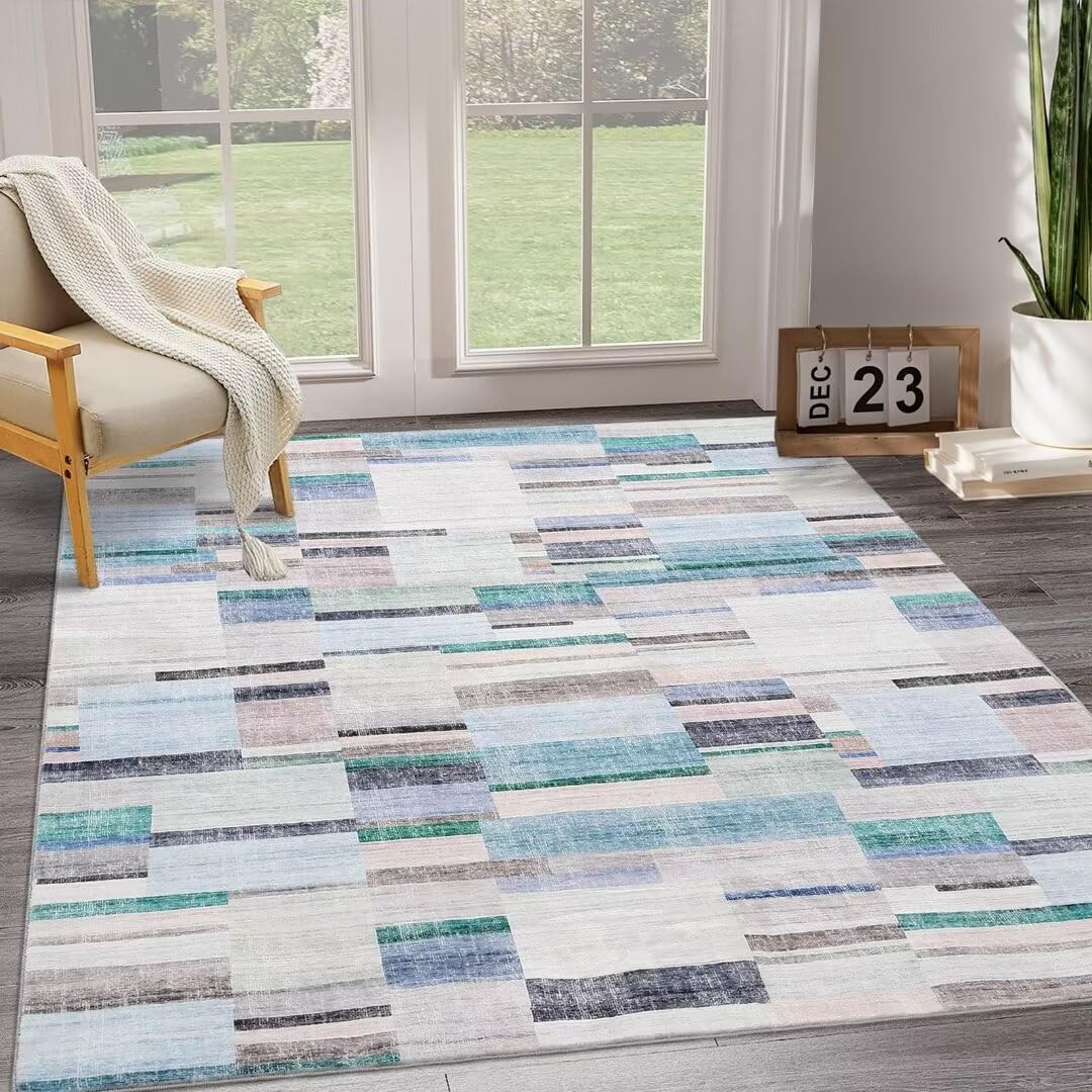 WESTLOOM Washable Bedroom Rug 5x7 Modern Abstract Floor Cover Indoor Non-Slip Low-Pile Geometric Rug Contemporary Accent Carpet for Living Room Nursery, Blue