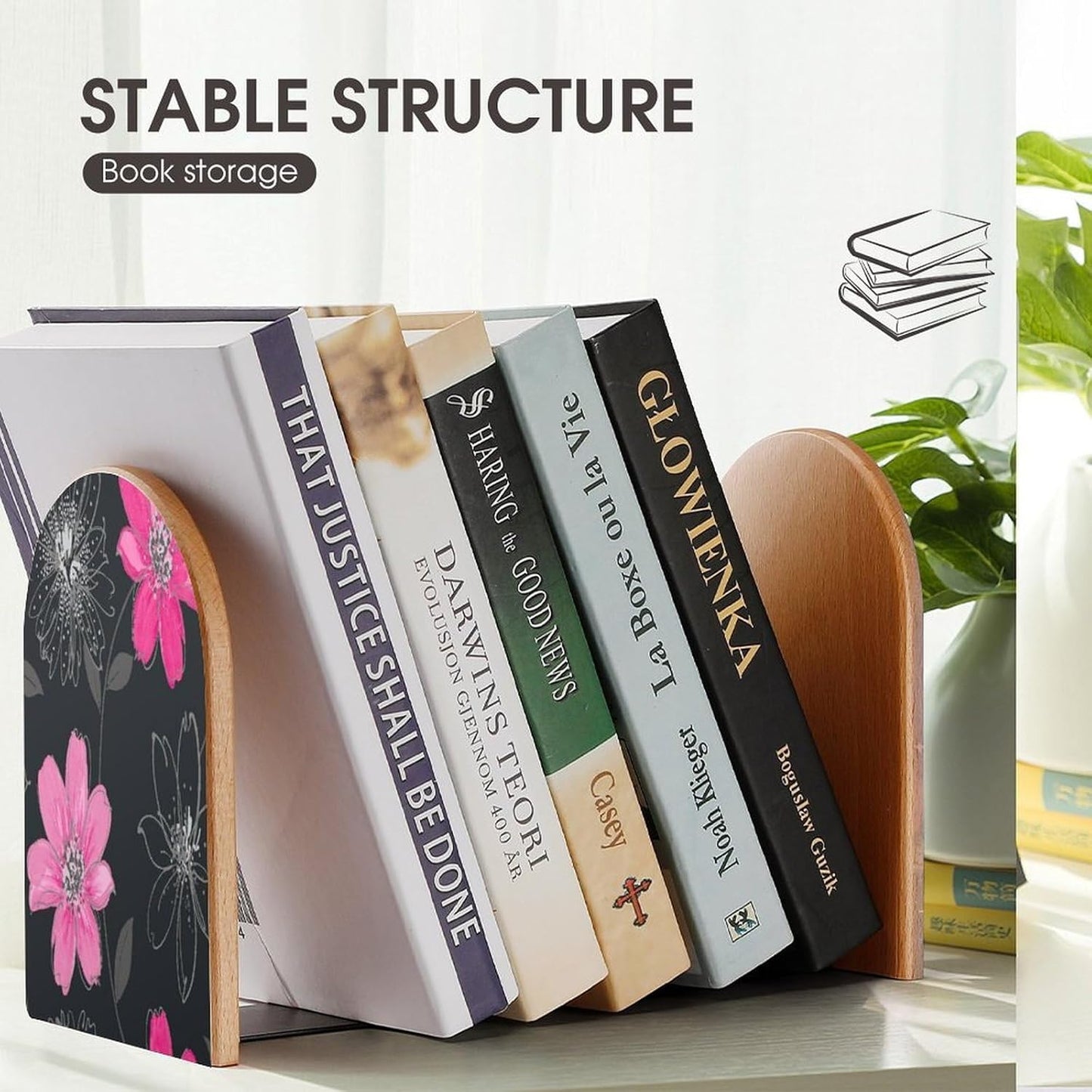 Pink and Black Flower Wooden Bookend Non-Slip Book Ends Heavy Duty Book Stopper with Metal Base Books Holderd Decorative Bookends Stands Firmly for Office Supplies