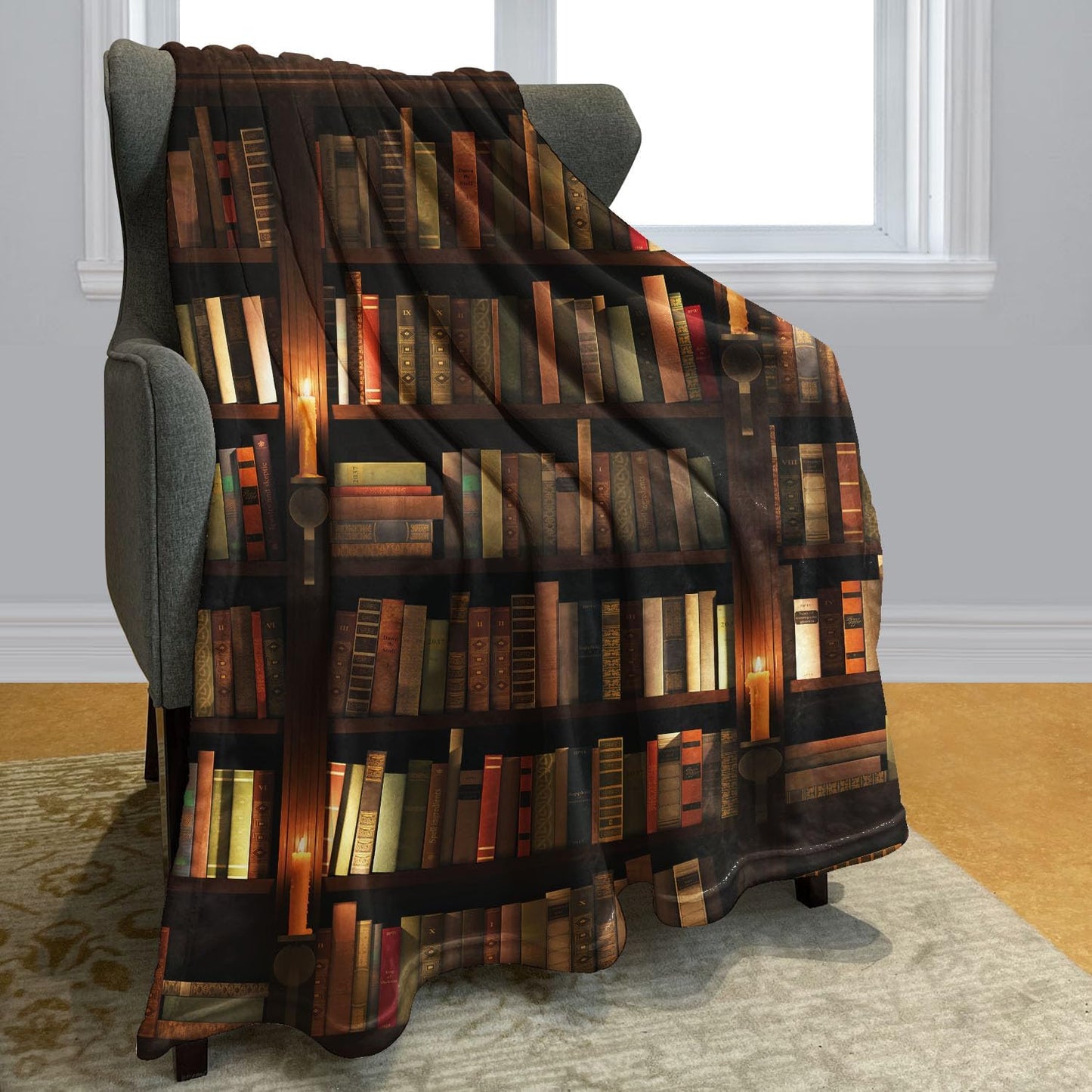 Blanket with Books on It, Soft Warm Fleece Throw Blankets for Book Lovers Gift Ideas, Vintage Library Bookshelf Candlelight, 40"x50"