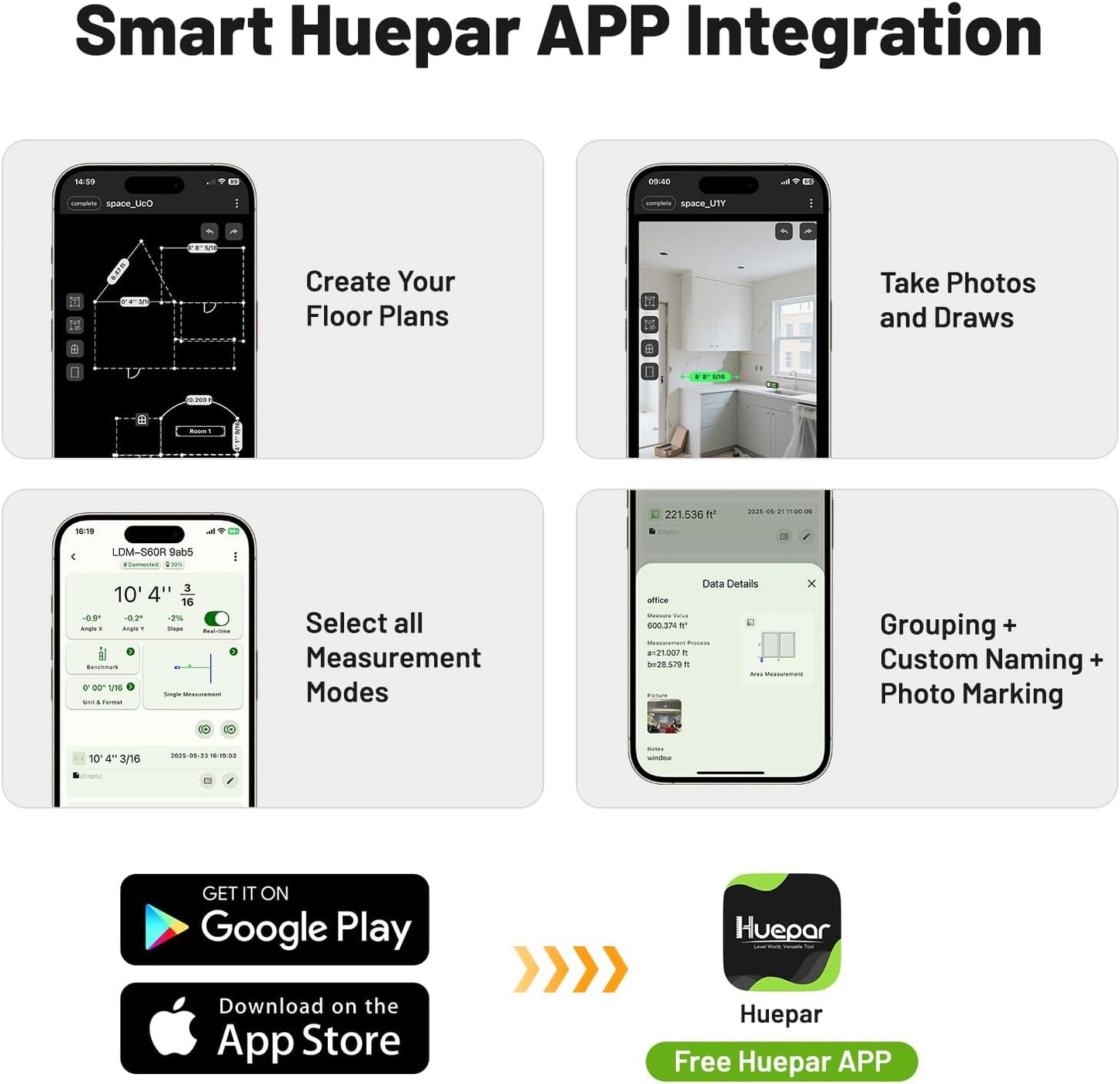 Huepar Laser Distance Measure 200Ft. Digital Rechargeable Laser Measuring Tool with Bluetooth -Phone APP, 1/16in Accuracy, Angle Sensor, M/in/Ft Unit, Pythagorean Mode, Measure Distance, Area, Volume