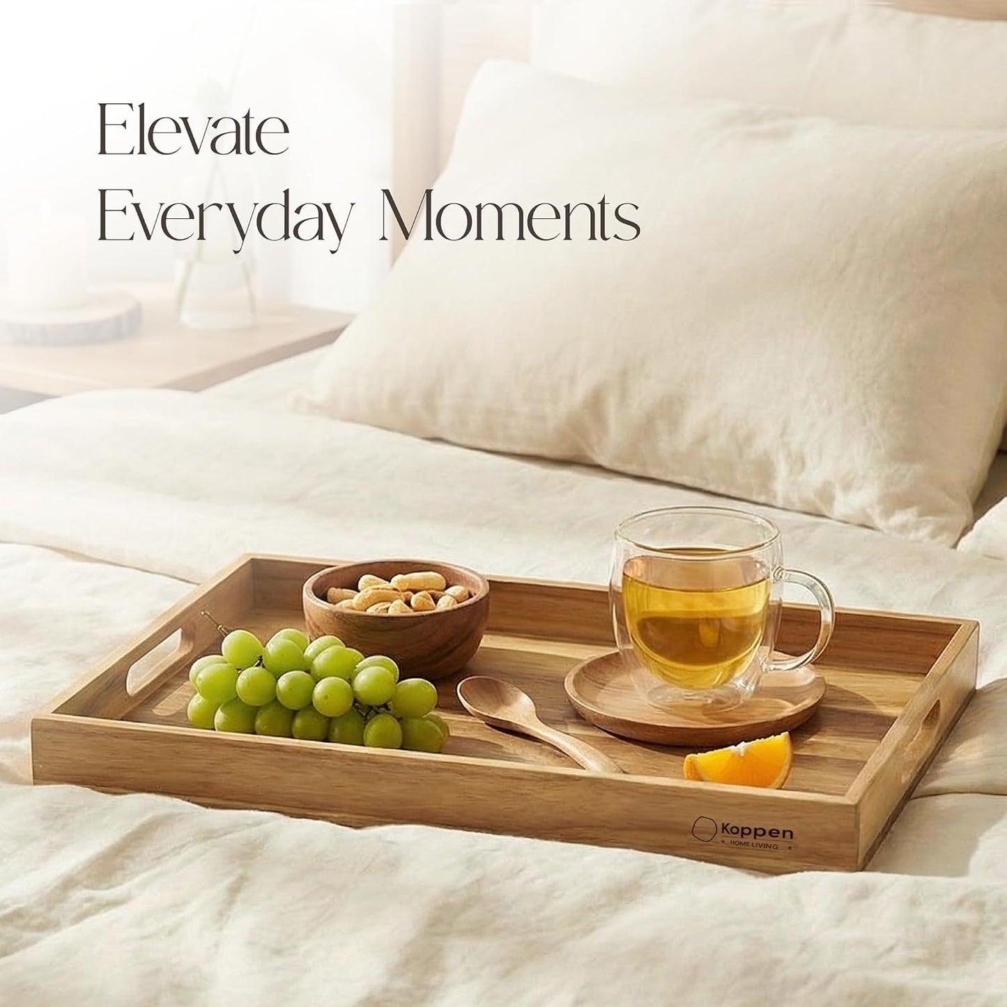 Koppen Acacia Wood Serving Tray with Handles, 17" x 13", Large Wooden Platter for Breakfast, Ottoman Tray for Party, Snacks, Fruit, Coffee Table, Living Room, Sofa, Bed, Outdoor, Natural Color