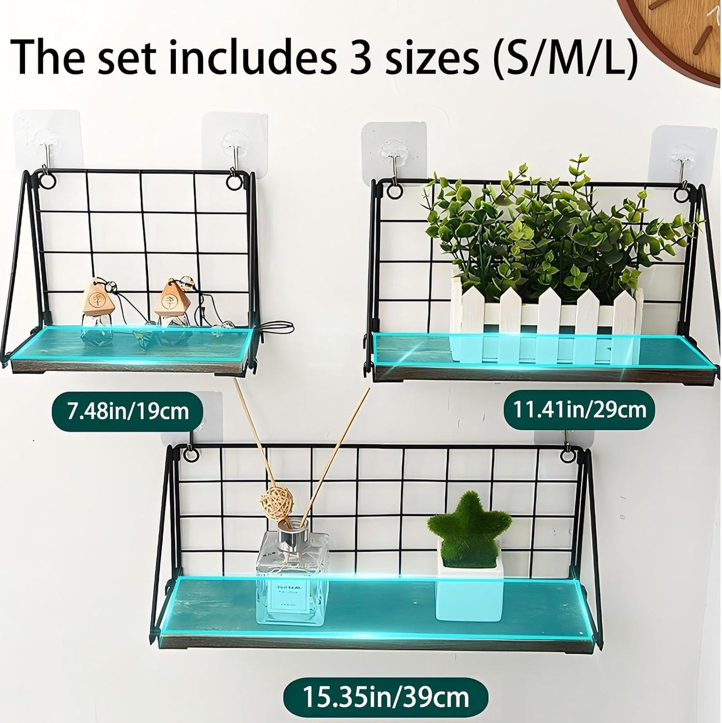 Floating Shelves Set of 3 - Rustic Wood Wall Mounted Shelves with Metal Wire Basket, Farmhouse Shelf for Bedroom, Living Room, Bathroom, Kitchen, Office, Display Storage (Brown)