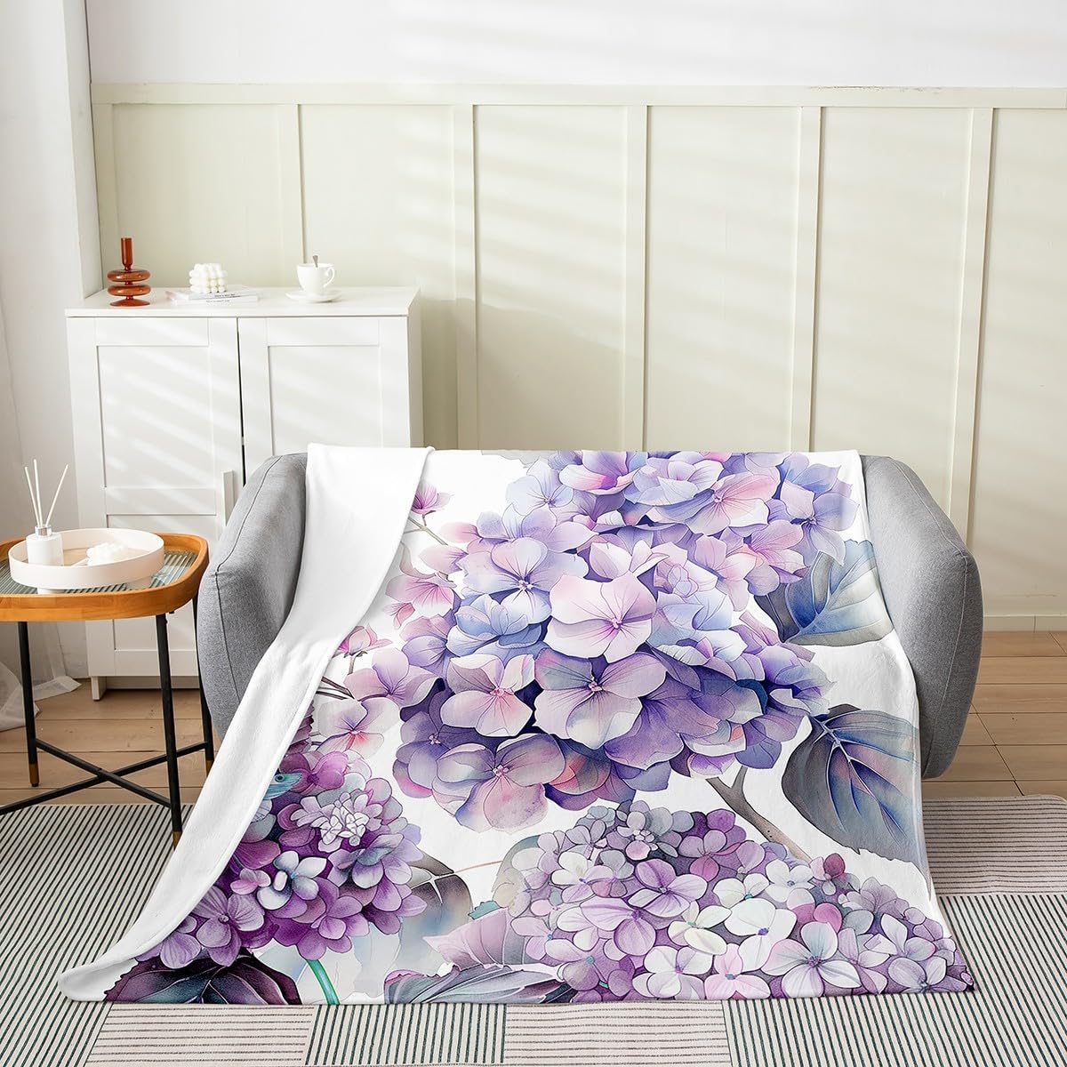 Erosebridal Girls Purple Hydrangea Fleece Blanket Throw 50x60,Ombre Floral Throw Blanket,Garden Butterflies Blanket,Rustic Spring Aesthetics Fuzzy Blanket for Bedroom Living Room