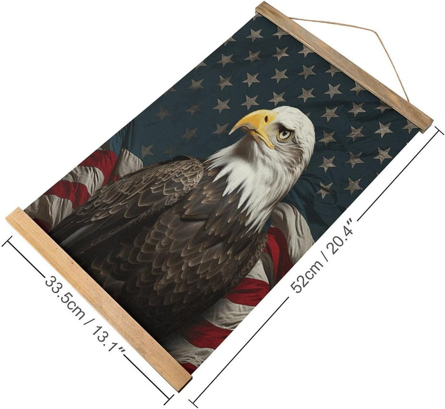 Vintage American Bald Eagle Sitting on Flag Ribbon Poster with Wooden Frame Personalized Linen Hanging Scroll Painting Rustic Wall Hanging Illustrative Modern Artwork Decor for Home Living Room Bedroo