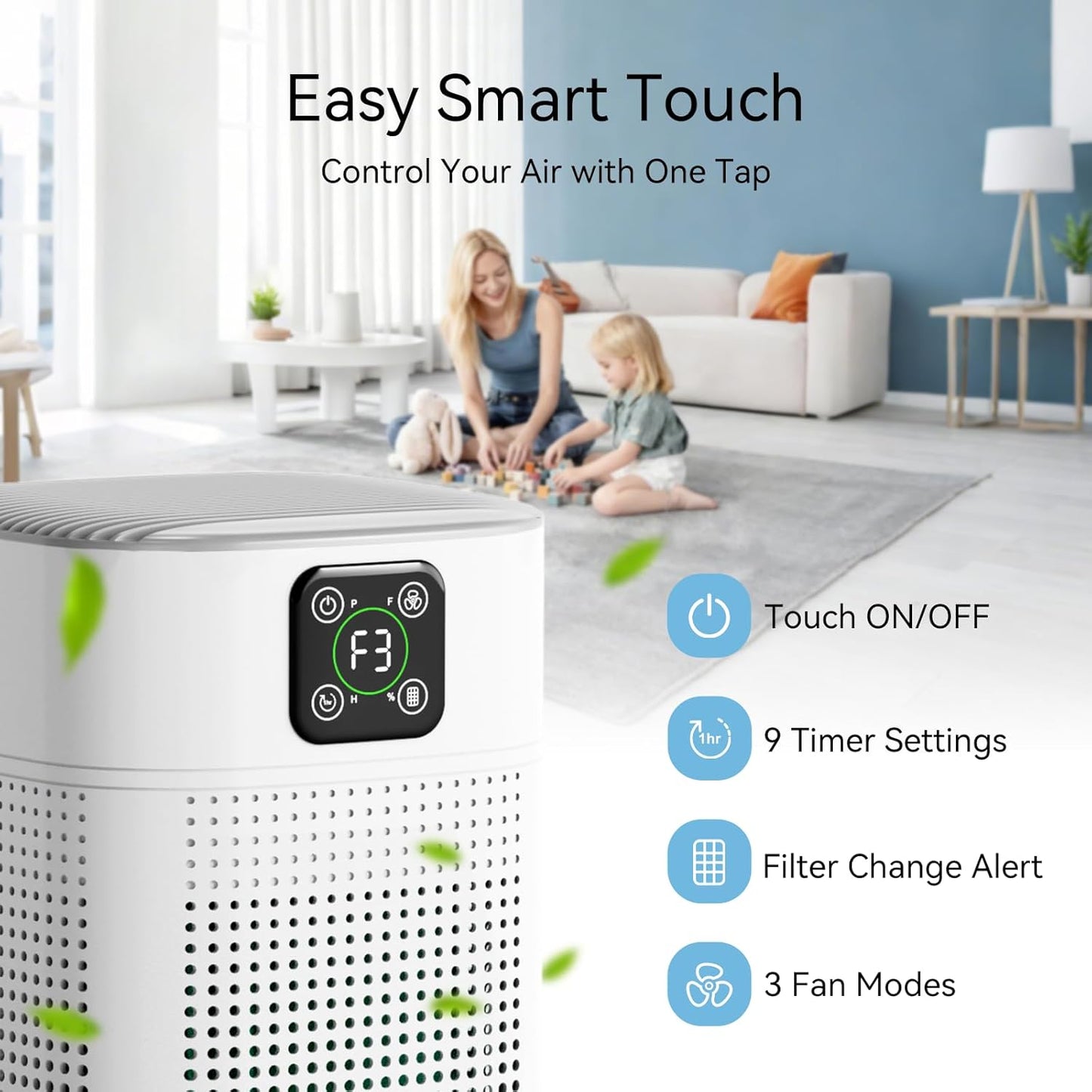 Air Purifier for bedroom, air purifier for Home Large Room 1080 sqft with 360° Air Inlet, 3 Speeds, 9 timer, Energy Saving 12W for Home, Office, Living Room for Smoke Pet Dander Odor, White