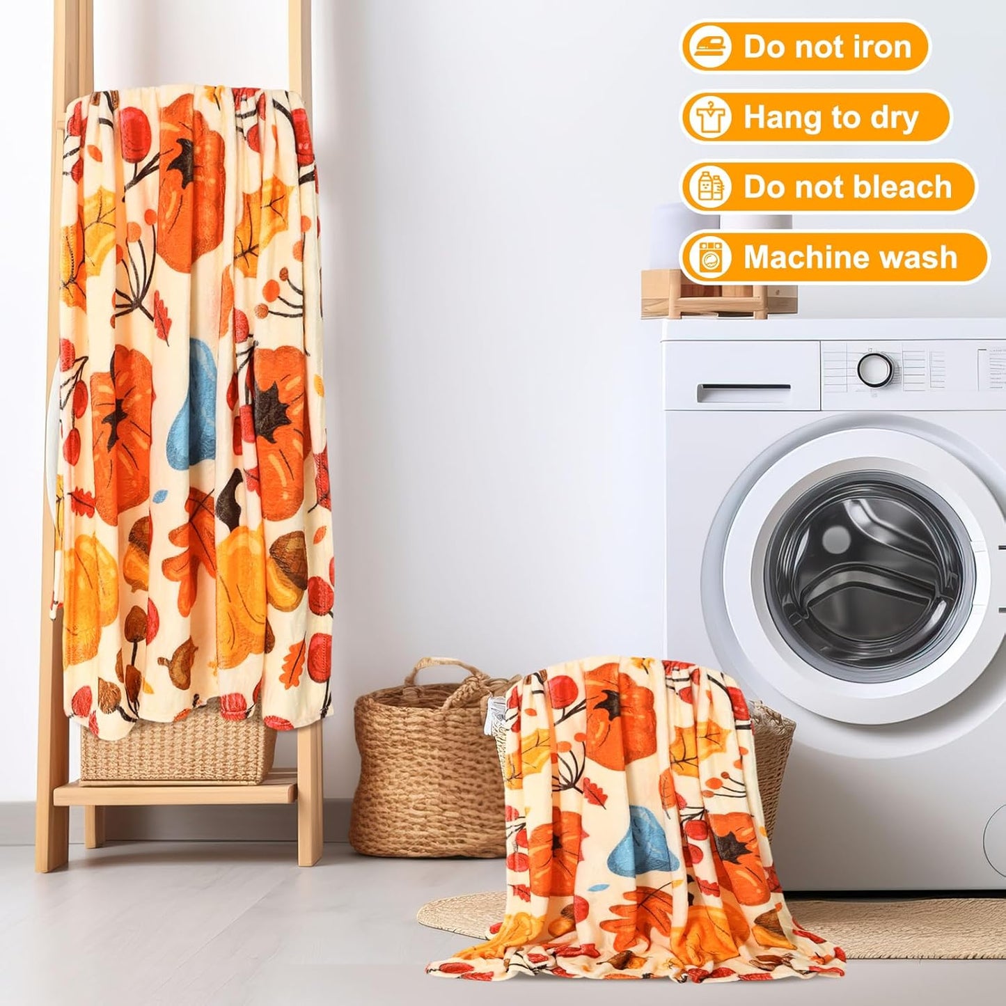 2 Pcs Large Thanksgiving Fall Blankets Pumpkins Orange Maple Leaf Soft Warm Plush Throw Fleece Cozy Lightweight Flannel Blankets for Living Room Couch Bed Chair Dorm Outdoor, 60"x80"