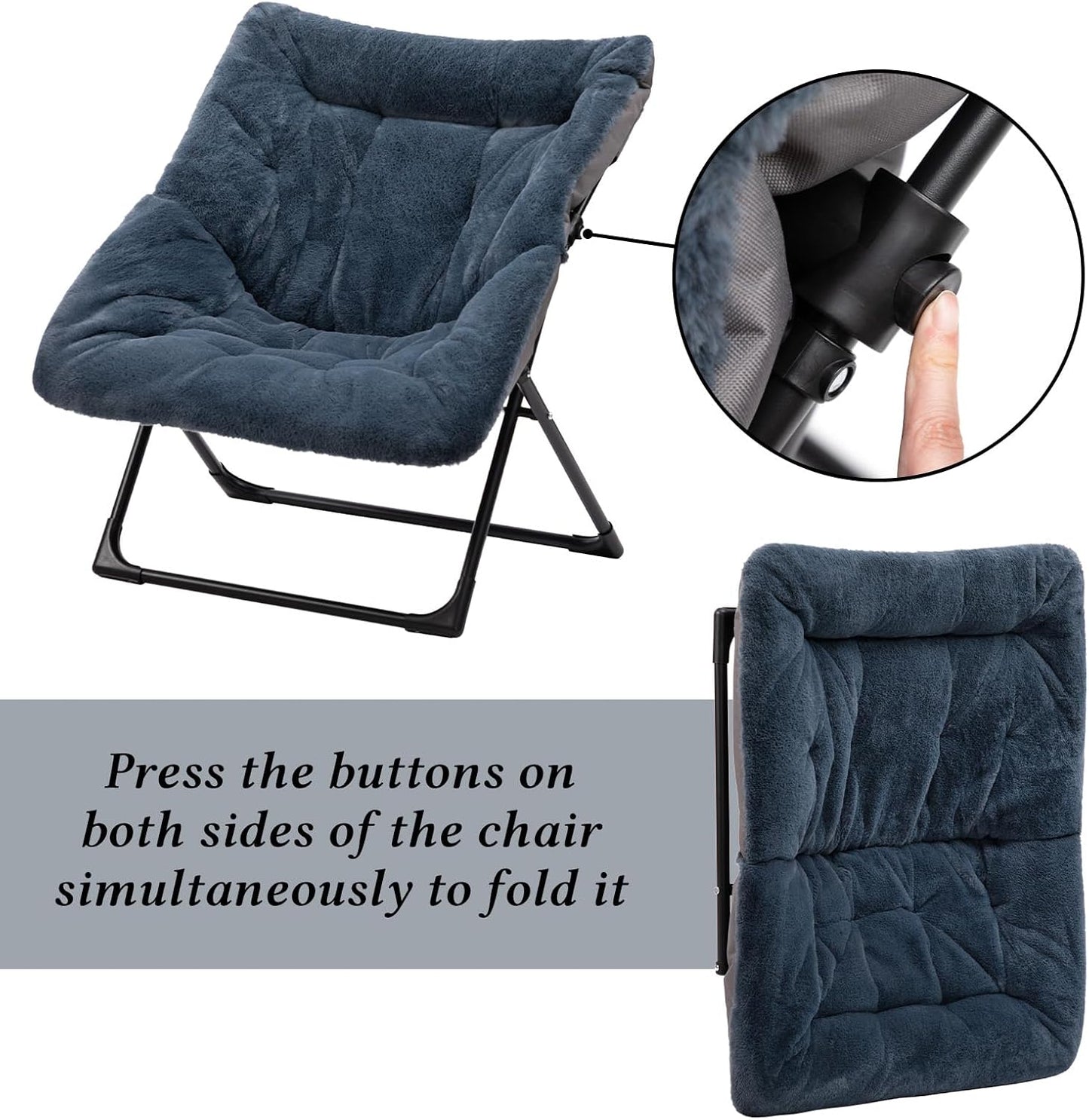 HollyHOME X-Large Saucer Chair, Comfy Oversized Folding Chair, Faux-Fur Reading Chair for Teens, Adults, Foldable Accent Lazy Chair, Metal Frame Lounge Chair for Living Room, Bedroom, Dorm, Navy Blue