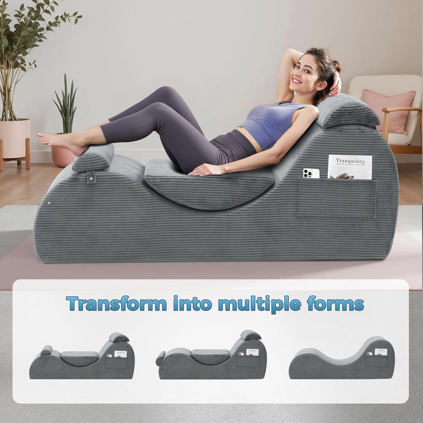 Yoga Chairs for Adults, Ergonomic Chaise Lounge Chair Indoor with Side Pocket, Lumbar Pillow, Ottoman, Yoga Chair Perfect for Stretching, Relaxation, Exercise, Used in Bedroom, Living Room（Dark Gray）