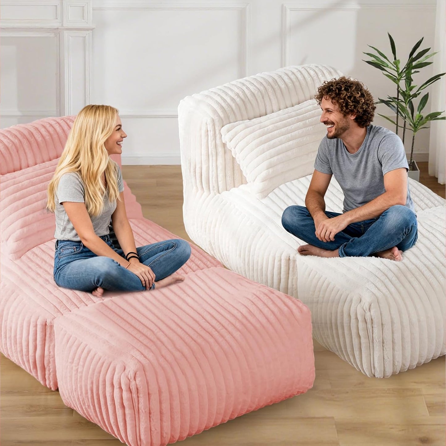 Giant Bean Bag Lounger Sofa with Pillow, Large Beanbag Chair for Adults, Oversized Comfy Beanbag Lazy Floor Sofa, Bean Bag Couch with Memory Foam Filled for Living Room, Bedroom, Pink