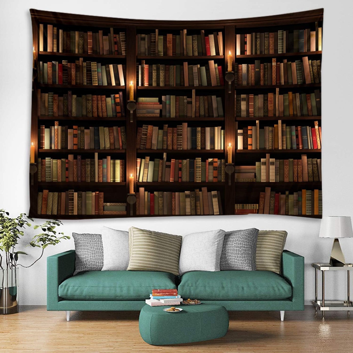 Old Bookshelf Candle Print Fabric Tapestry Decorative Wall Art Tablecloth Bedspread Picnic Blanket Beach Throw Blanket Multifunctional for Bedroom Hall Dormitory Living Room Hanging 59 x 51 inches