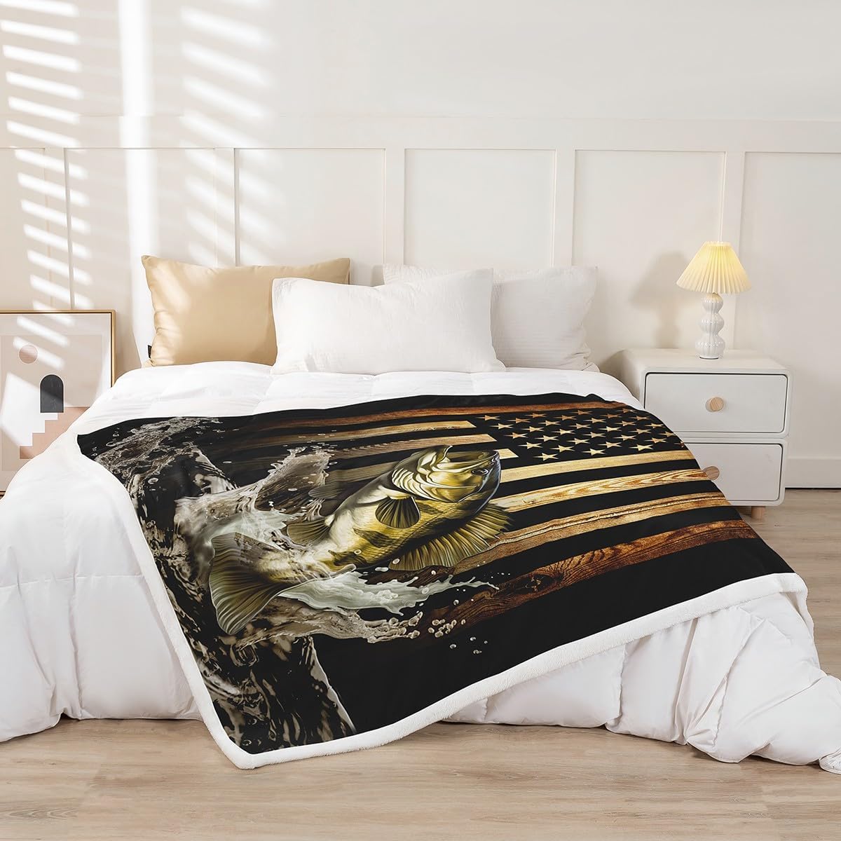 Vintage American Flag Throw Blanket,Men 3D Bass Fish Blankets,Fishing Hunting Fleece Blanket for Kids Boys Adult Room Decor,Rustic Style Black Brown Wooden Stripes Sherpa Blanket,40"×50"