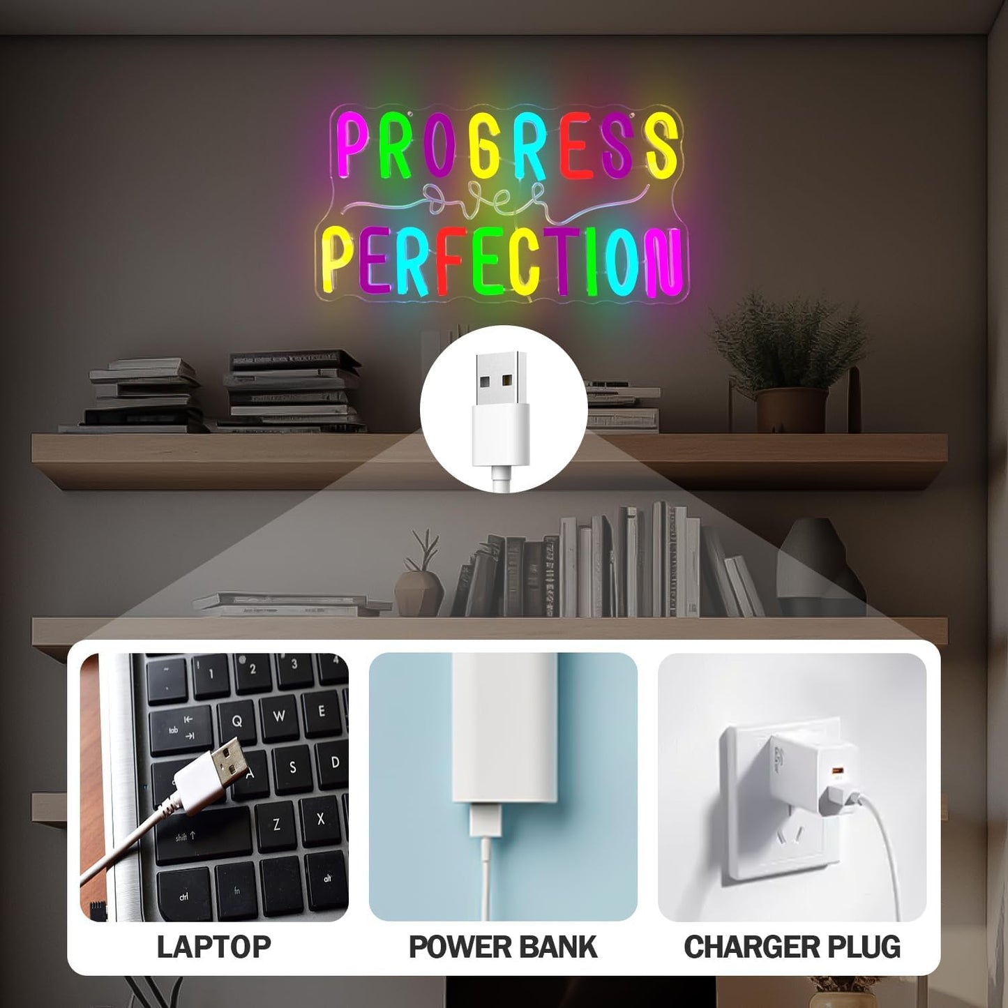 Progress Over Perfection Neon Sign Dimmable Classroom Wall Decor Led Progress Over Perfection Wall Art Neon Light, Kids Motivational Neon Sign for Classroom, Bedroom, Inspirational Wall Decoration Gift