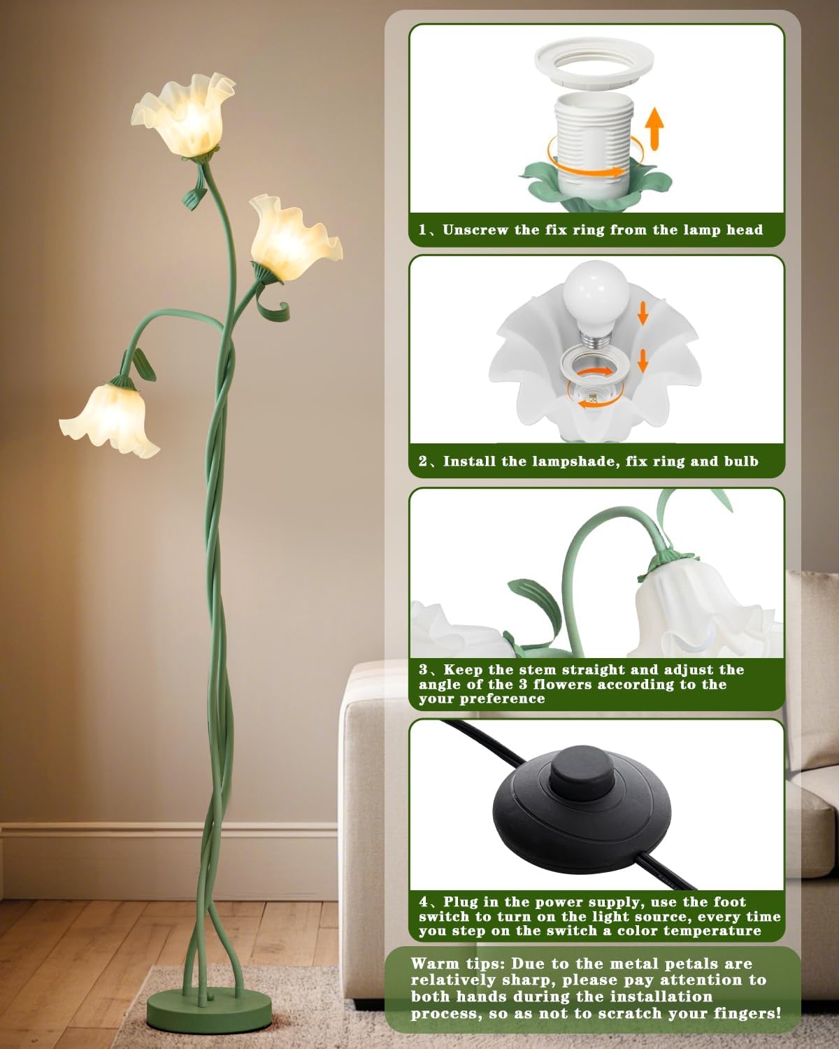 Flower Standing Lamp for Living Room, LED Floor Lamp with Flexible Neck,3 Color Temperatures Adjustable Vintage Tall Lamp for Home Living Room Corner (Green)
