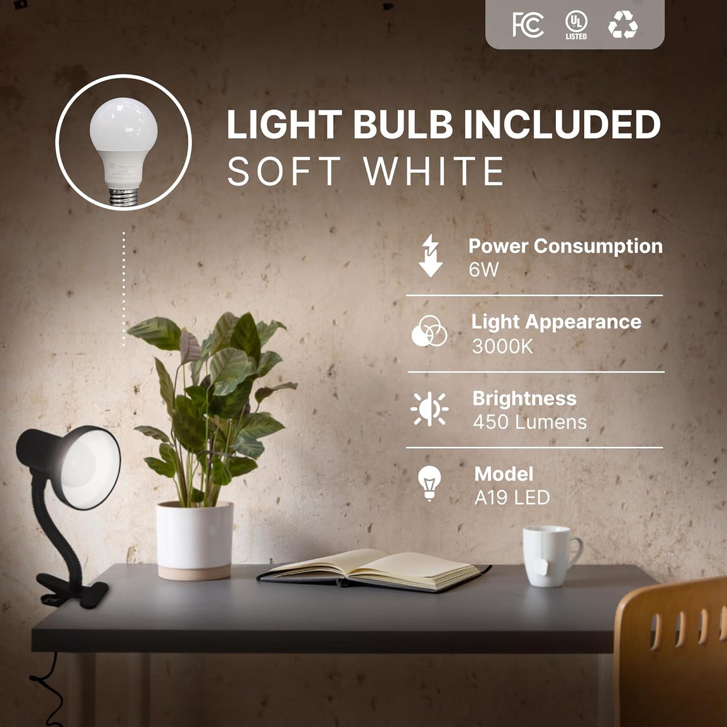 Xtricity LED Desk Light, 360° Adjustable Gooseneck, Home and Office Lamp with 7W A19 Bulb, 120V, On/Off Switch, 14” Height - Reading Lamps for Bedside Table, College Dorm (Black Finish)