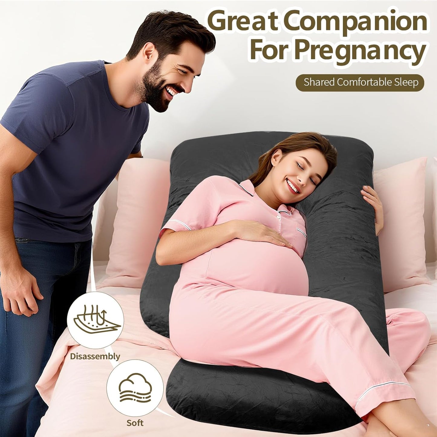 Pregnancy Pillow, G-Shape Full Body Pillow, Maternity Pillow for Side Sleeper, Pregnancy Body Pillow for Pregnant Women Suppor, Hip Relief with Washable Cover (Black)