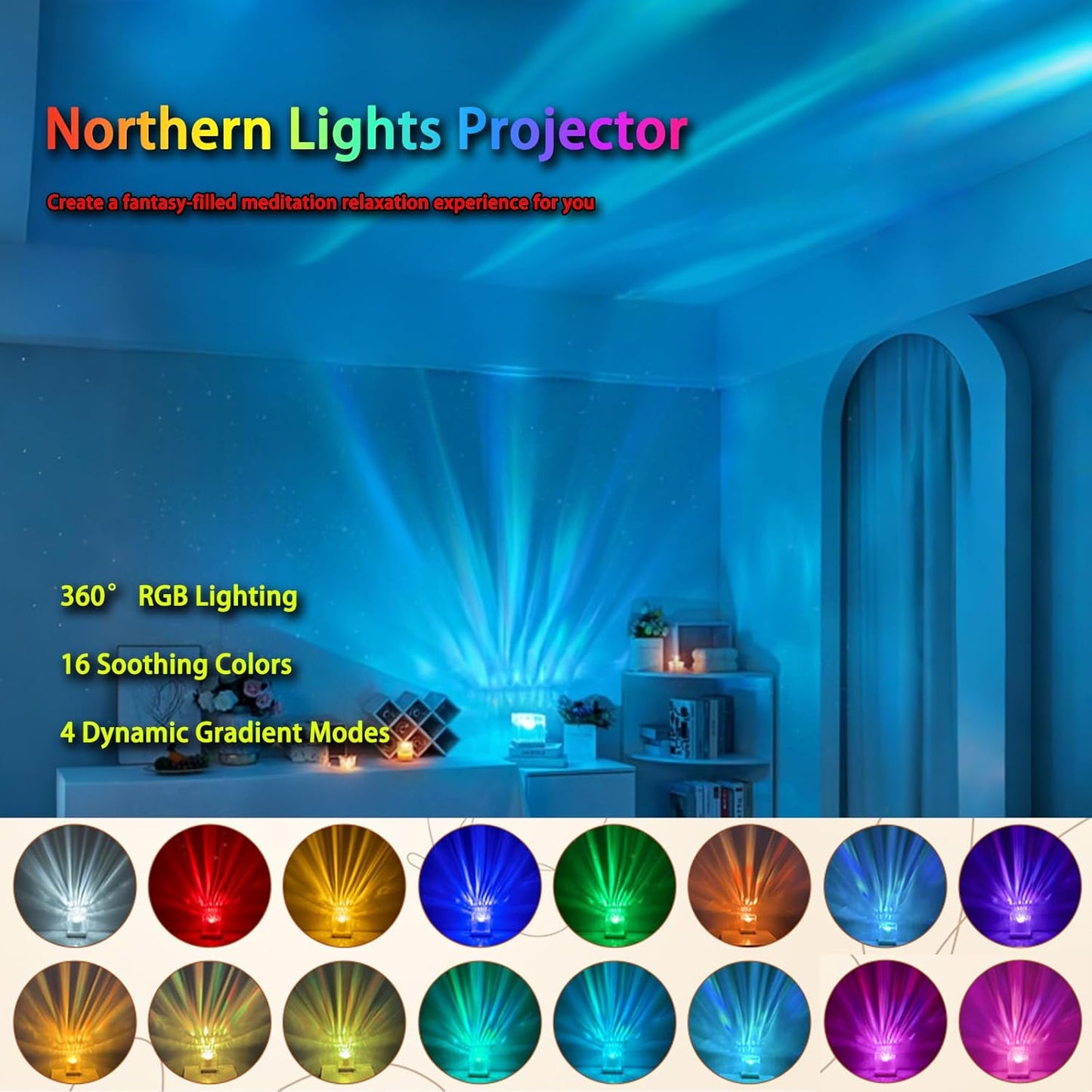 Northern Lights Projector, 16 Colors Rechargeable Aurora Light Projector & Mood Lighting Galaxy Lamp, App Remote Night Light for Bedroom, Gift for Teenage Girls Room Decor (Battery)