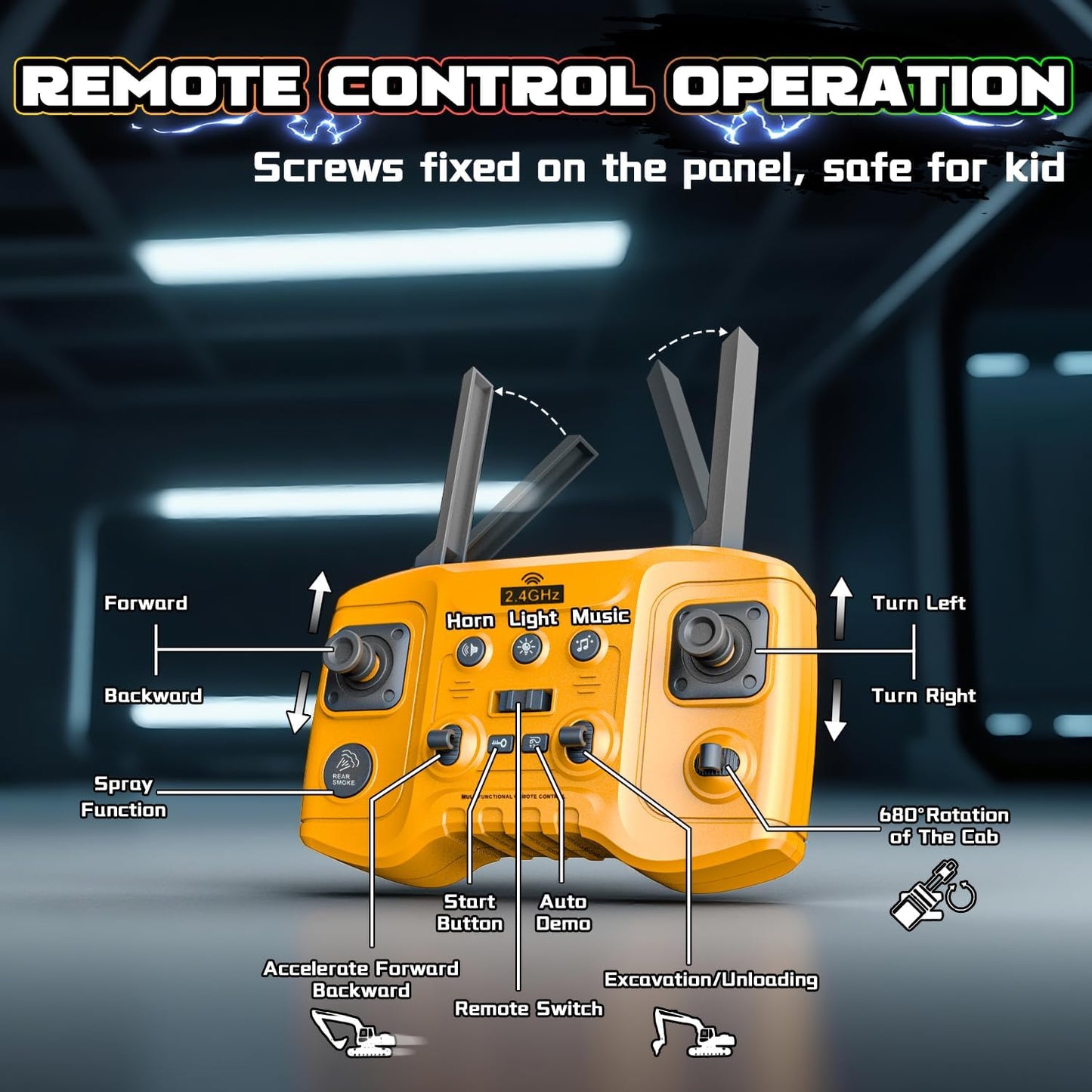 Remote Control Excavator Toy for Boys 3+, RC Construction Vehicle with Spray, Rechargeable Battery/680° Rotation/Metal Shovel/Light/Sound, RC Excavator Toy for Kid Digger Toys for Boy 3-5 4-7 8-12+