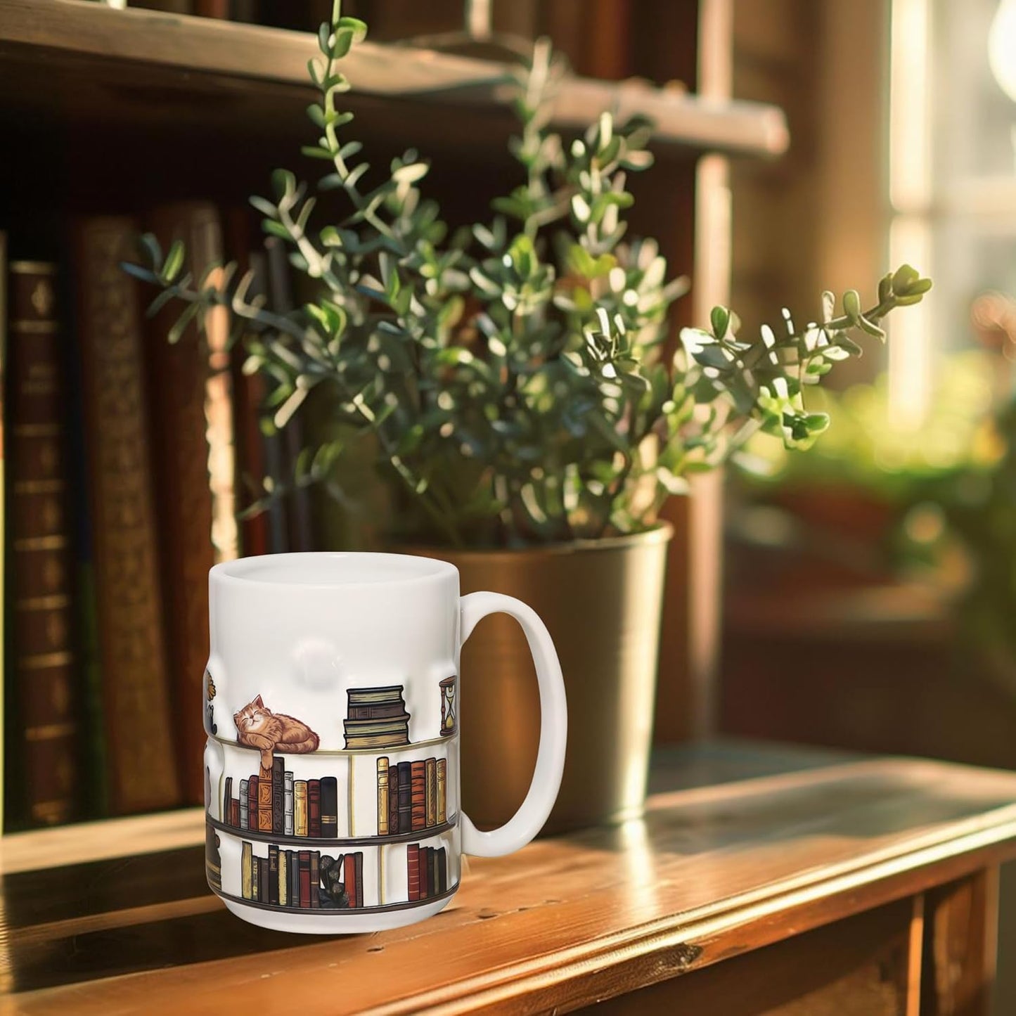 Full-Wrap Embossed 3D Book Mugs For Book Lovers Gifts For Readers Women 3D Bookshelf Mug 15Oz - A Library Shelf Cup, Cat Mugs For Cat Lovers Women And Men, Love Cats Mug Gift For Writers And Authors