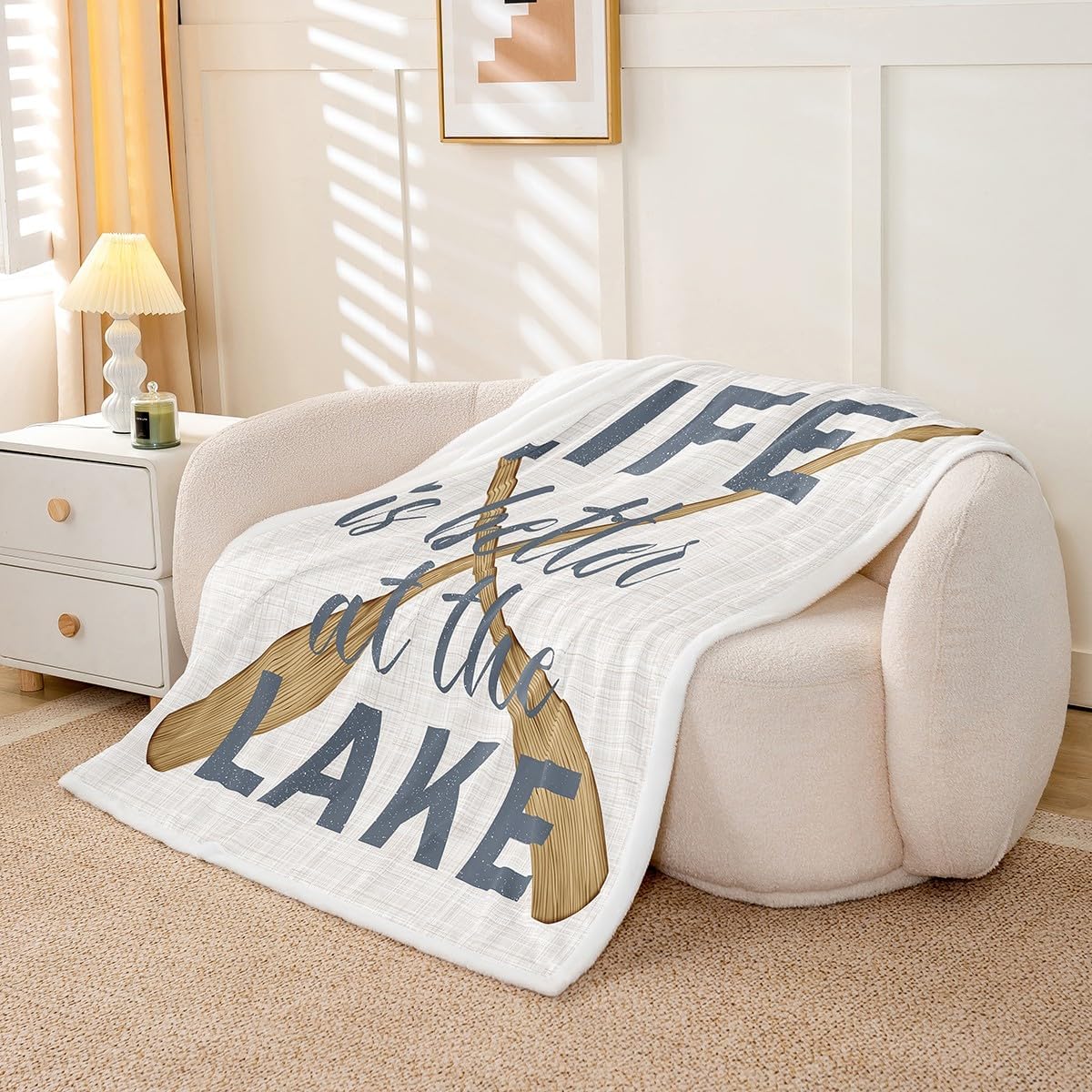 Lake Life Throws Blanket,Life is Better at the Lake Themed Sherpa Blanket for Girls Teens, Oars Paddle Retro Rustic Farmhouse Microfiber Fleece Blanket Room Decor, Throw Size (50 x 60 Inch)