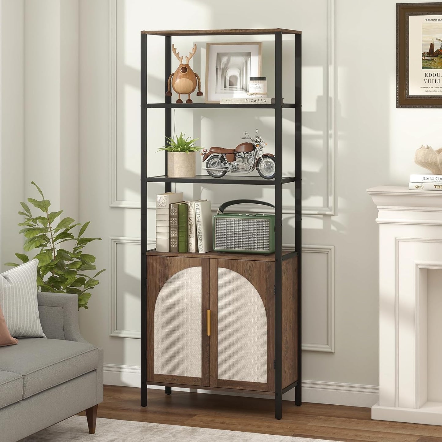 Rattan Bookshelf with Storage, 71" Tall Bookcase with Doors, Boho Book Shelf Narrow with LED Lights for Living Room, Bedroom, Home Office, Brown