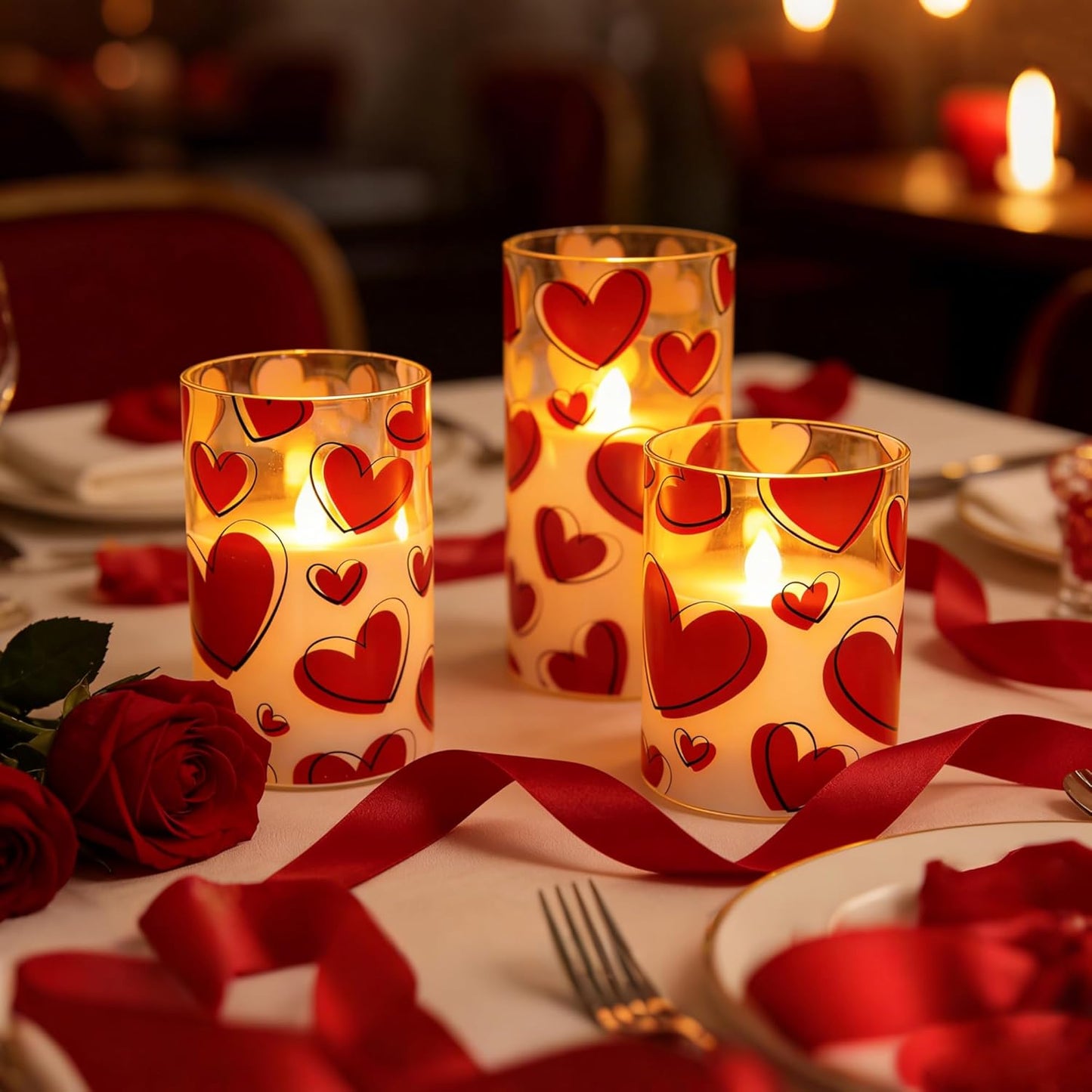 Valentines Day Flameless Candles with Remote, Red Heart Glass Battery Operated Candles, Real Wax Flickering LED Pillar Candles for Proposal Wedding Anniversary Romantic Night, 3 Pack