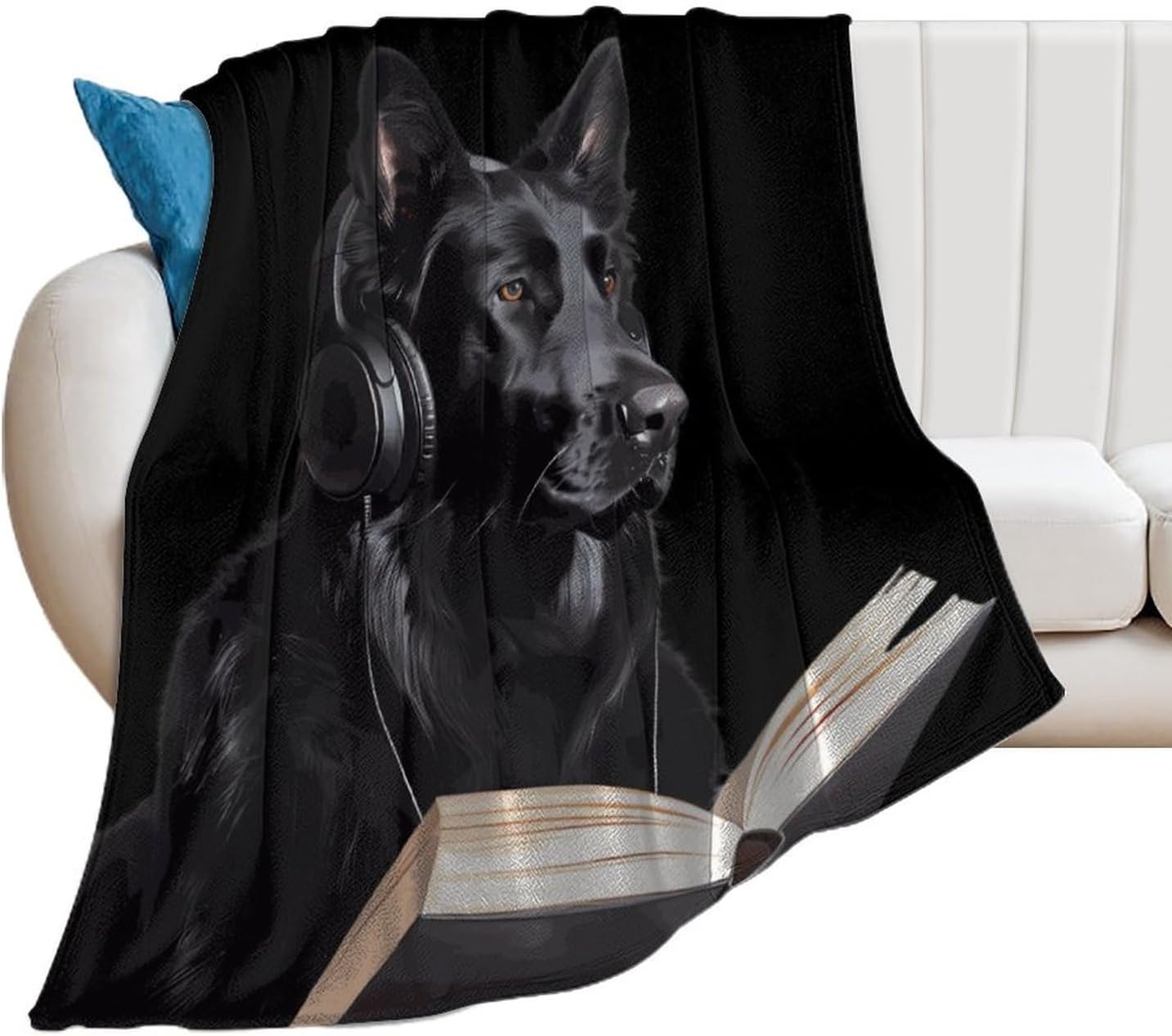 German Shepherd Wearing Headphones Reading Soft Throw Blanket Flannel Warm Lightweight Cozy Plush Blanket for Couch Sofa Bedroom Travel