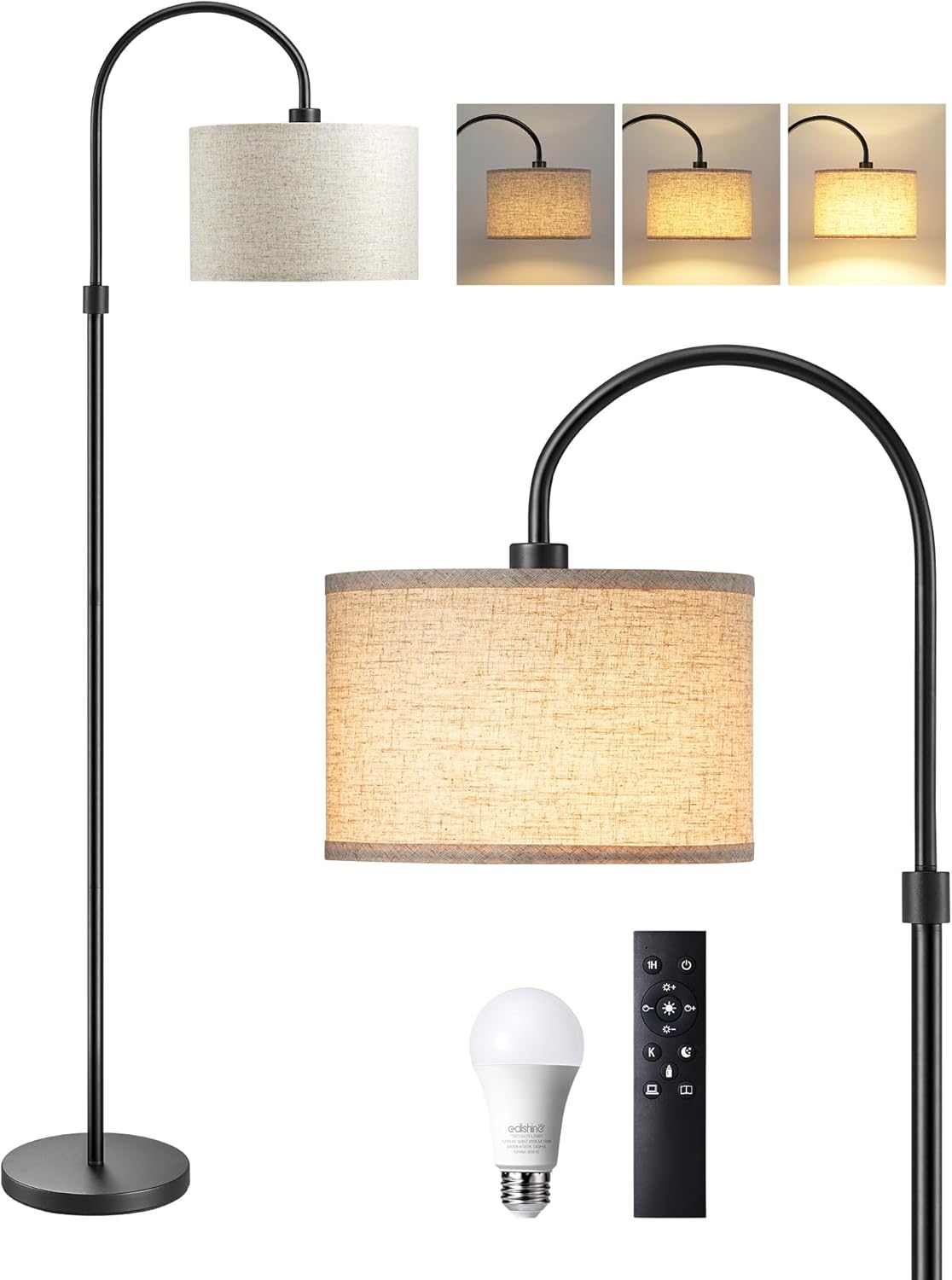 EDISHINE Dimmable Floor Lamp with Remote Control, Modern Arc Standing Lamp, 3000K-6500K Color Temperatures, Reading Light for Living Room Bedroom Office, Footswitch, LED Bulb Included, Black