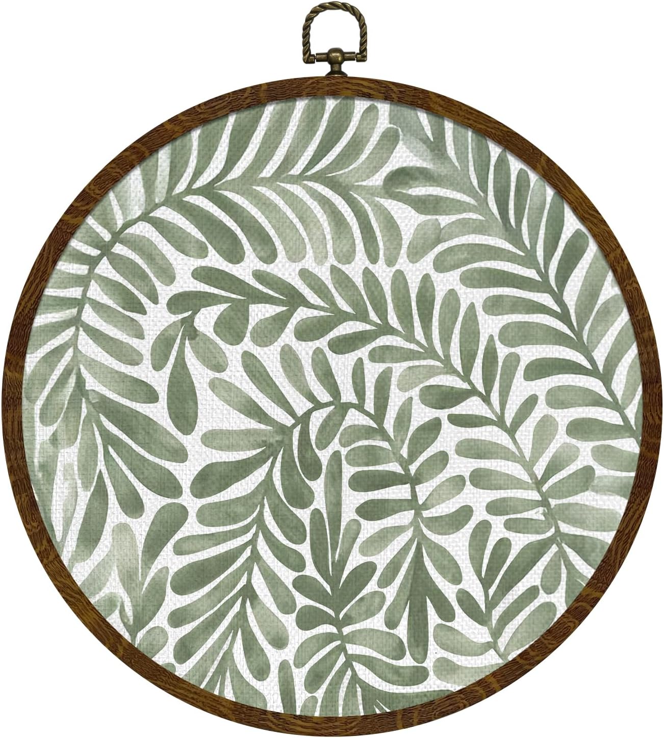 KLYTINK Boho Botanical Leaf Round Wall Art 10"x10", Linen Canvas Floral Print,Vintage Green Aesthetic Wall Decor for Bedroom, Living Room, Home Decoration, Gift for Christmas(BY805)