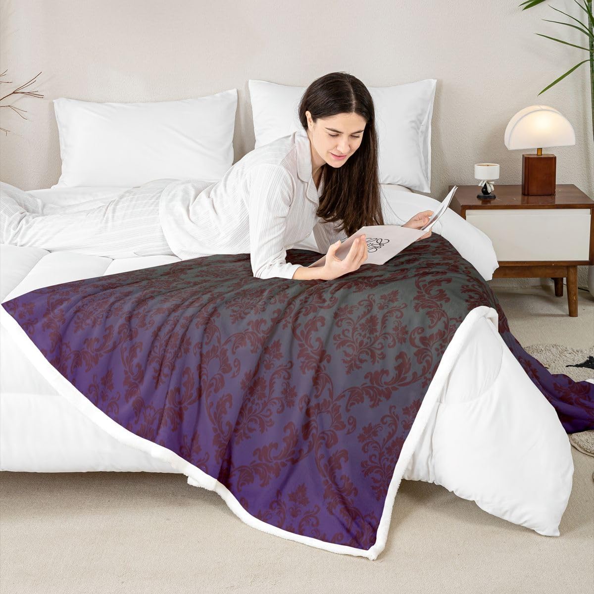 Feelyou Gothic Sherpa Throw Blanket for Couch Paisley Floral Victorian Super Soft Cozy Fleece Purple Grey Blanket for Winter, Plush Throw Baby 30"x40" All Season