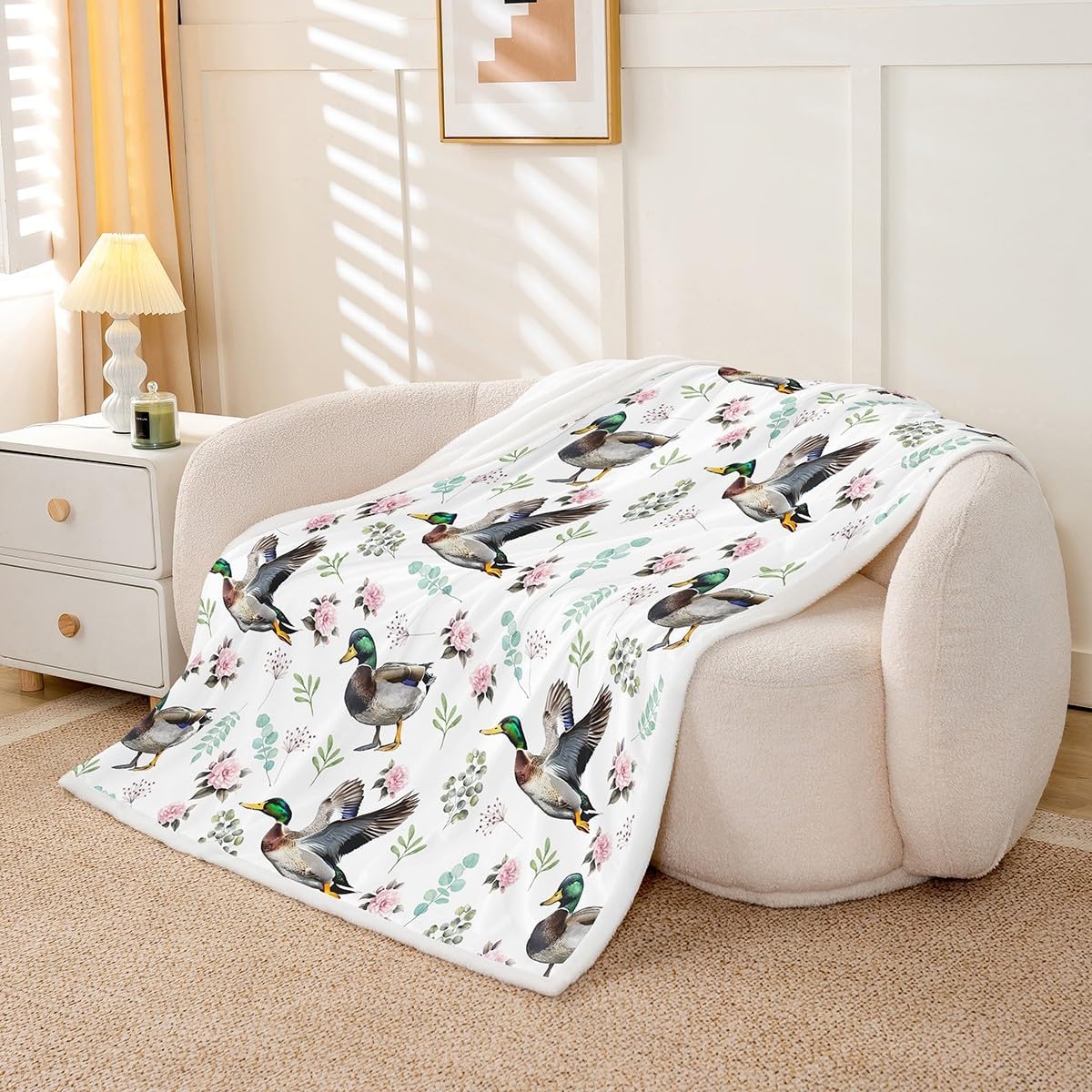 Erosebridal Mallard Duck Blanket Pink Floral Flowers Throw Blanket Throw Green Plants Leaf Fleece Blanket Country Minimalist Sherpa Blanket for Kids Girls Women Gift Decor