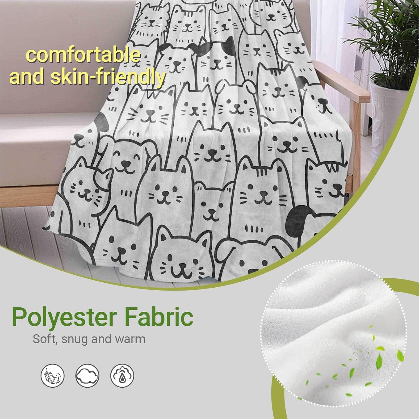 Adorable Cat and Dog Lightweight Throw Blanket, Cartoon Animal Face with Line Art, Warm Soft Cozy Flannel Blankets, Couch Bed Home Decor All Season Use, 60x50in, White, Gifts for Pet Lovers