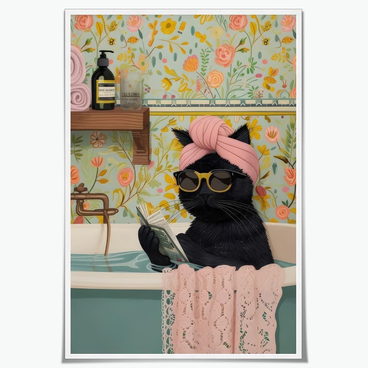Funny Black Cat Bathroom Canvas Wall Art Cute Cat Reading a book in the Bathtub Poster Print Eclectic wall Decor Trendy Home Aesthetic Bathroom Toilet Decoration Unframed12x18inch