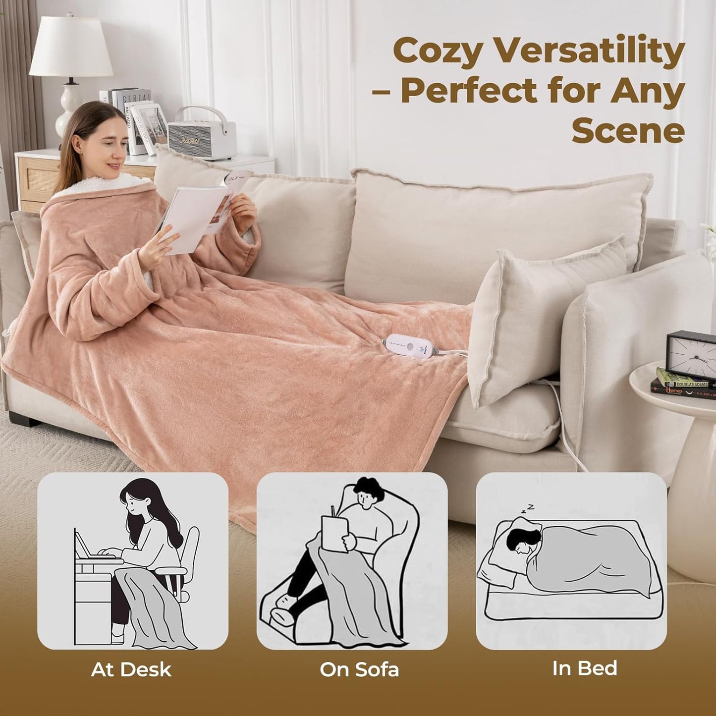 Wearable Heated Blanket with Foot Pocket & Sleeves, Electric Blanket Heated Robe for Women & Men, 5 Heat Settings, 3H Auto-Off, Machine Washable, ETL Certified, Gift-Ready, 50x70 inches, Pink