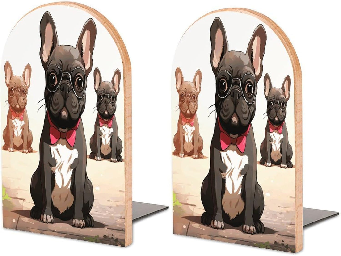 Cartoon Dog French Bulldog Bookend for Shelves Wooden Book End Large Size Sturdy Book Holders Stoppers with Metal Base for Bookshelves Slick Decorative Bookends Stands