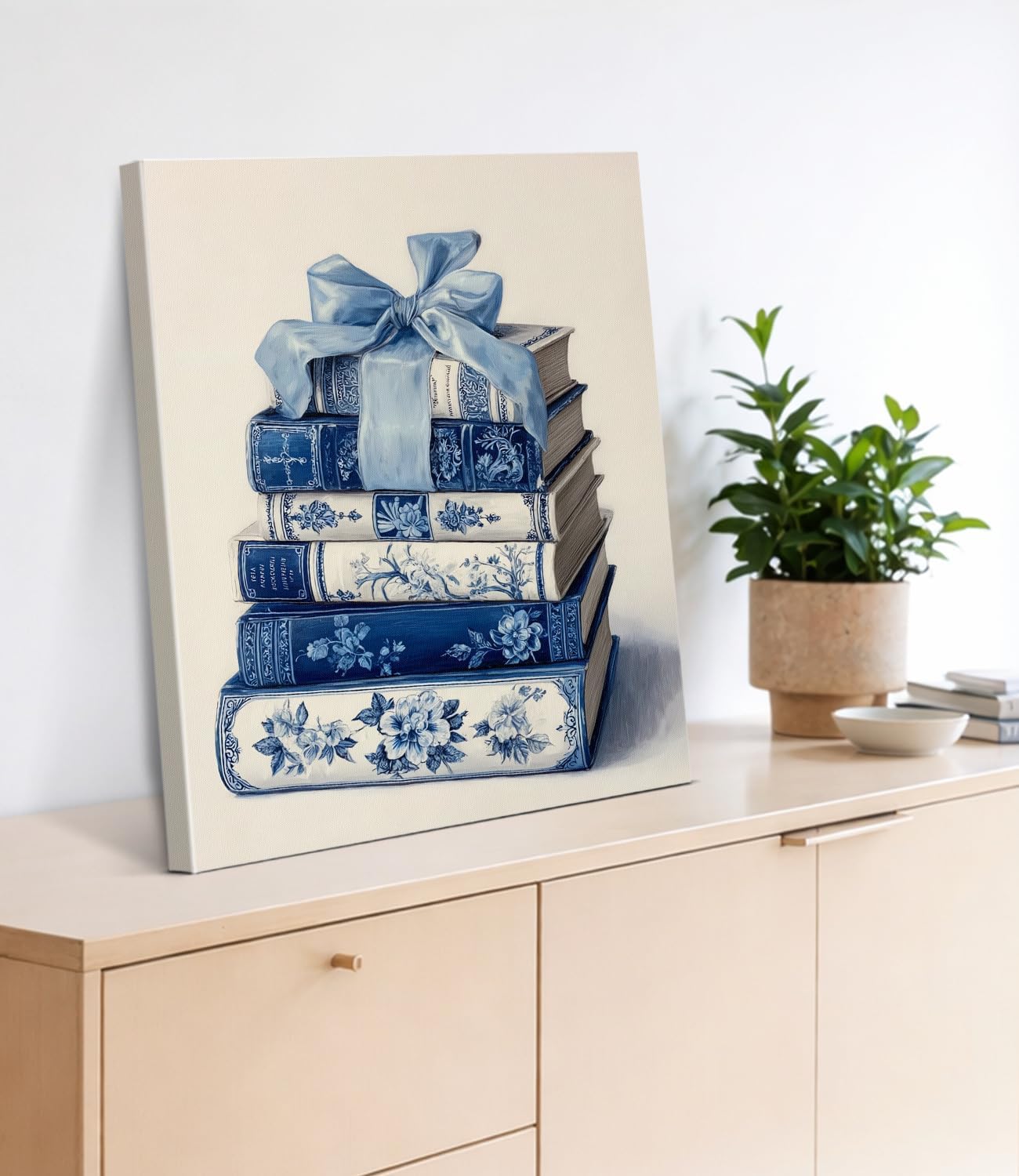 Vintage Blue Bow Books Wall Art Print - Coquette Bookish Canvas Poster Painting - Book Lover Gifts Blue Wall Decor for Home Reading Nook Library 8x10 Inch Framed