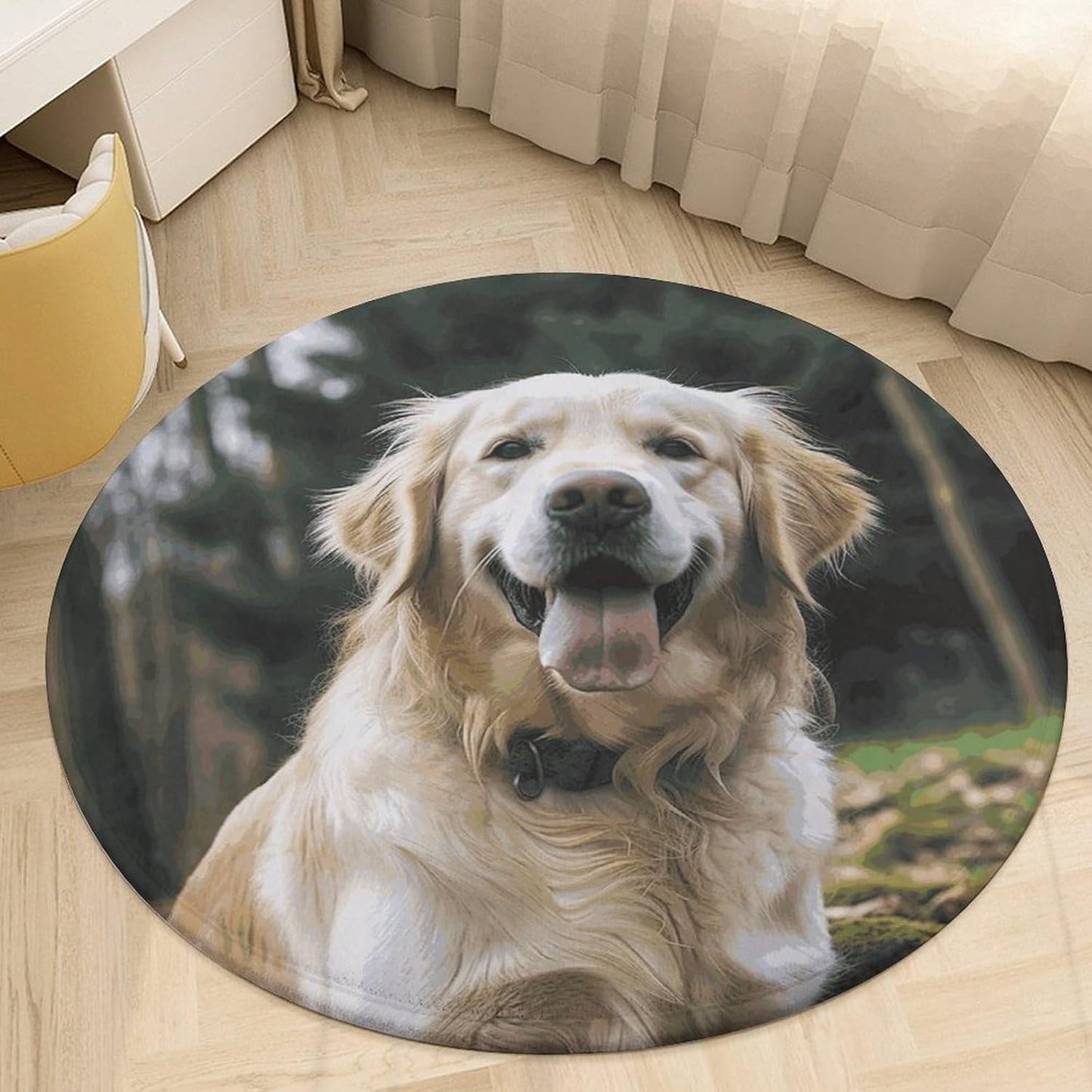 Funny Golden Retriever Circle Rug Retro Luxury Coral Velvet Floor Mat Non Slip Soft Indoor Floor Carpet Comfy Thickened Area Rugs Modern Aesthetic Minimalist Carpets for Home Decor